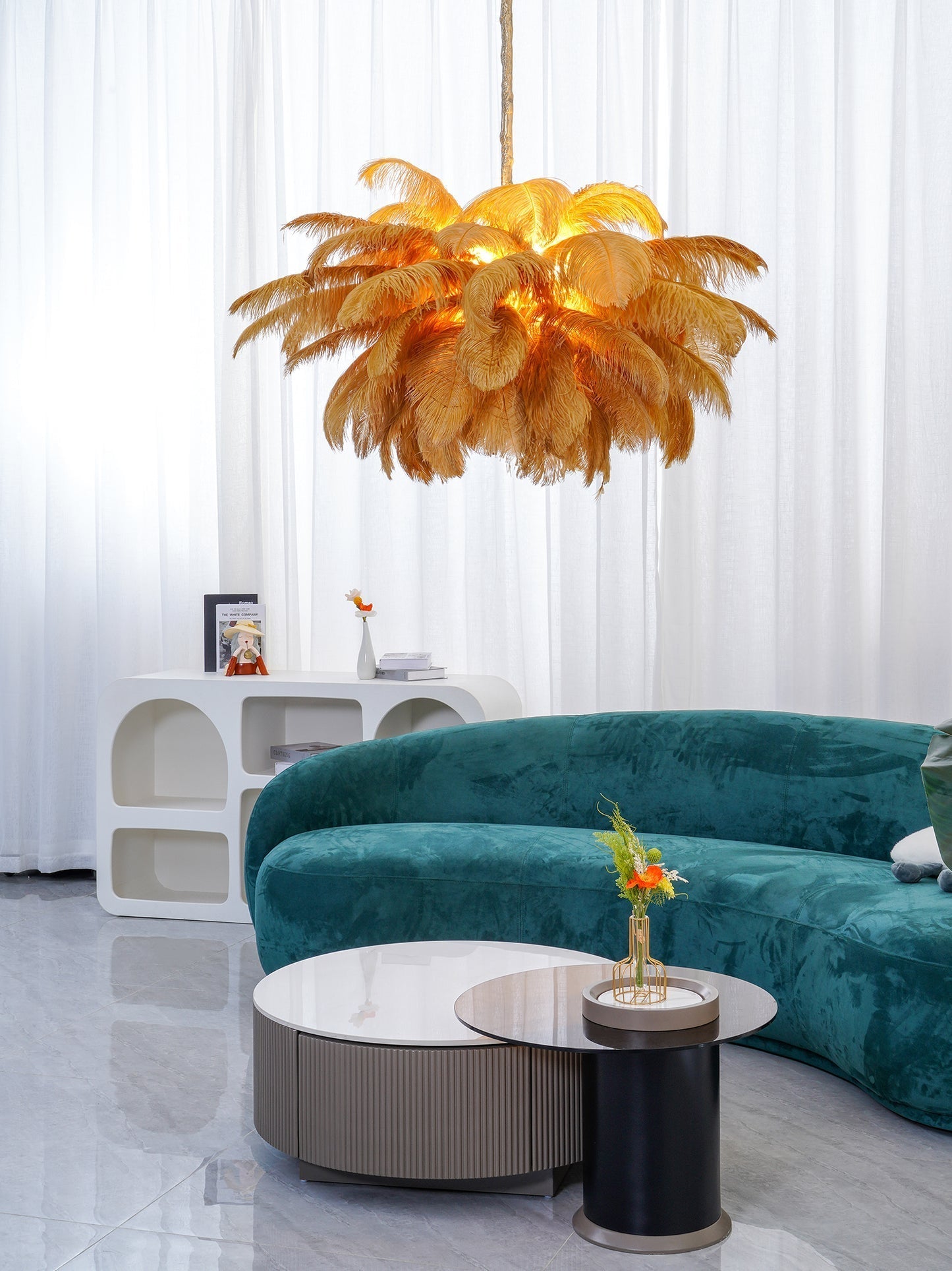 Lustra Chandelier Ostrich Feather Large Brass Stem - Letslighting