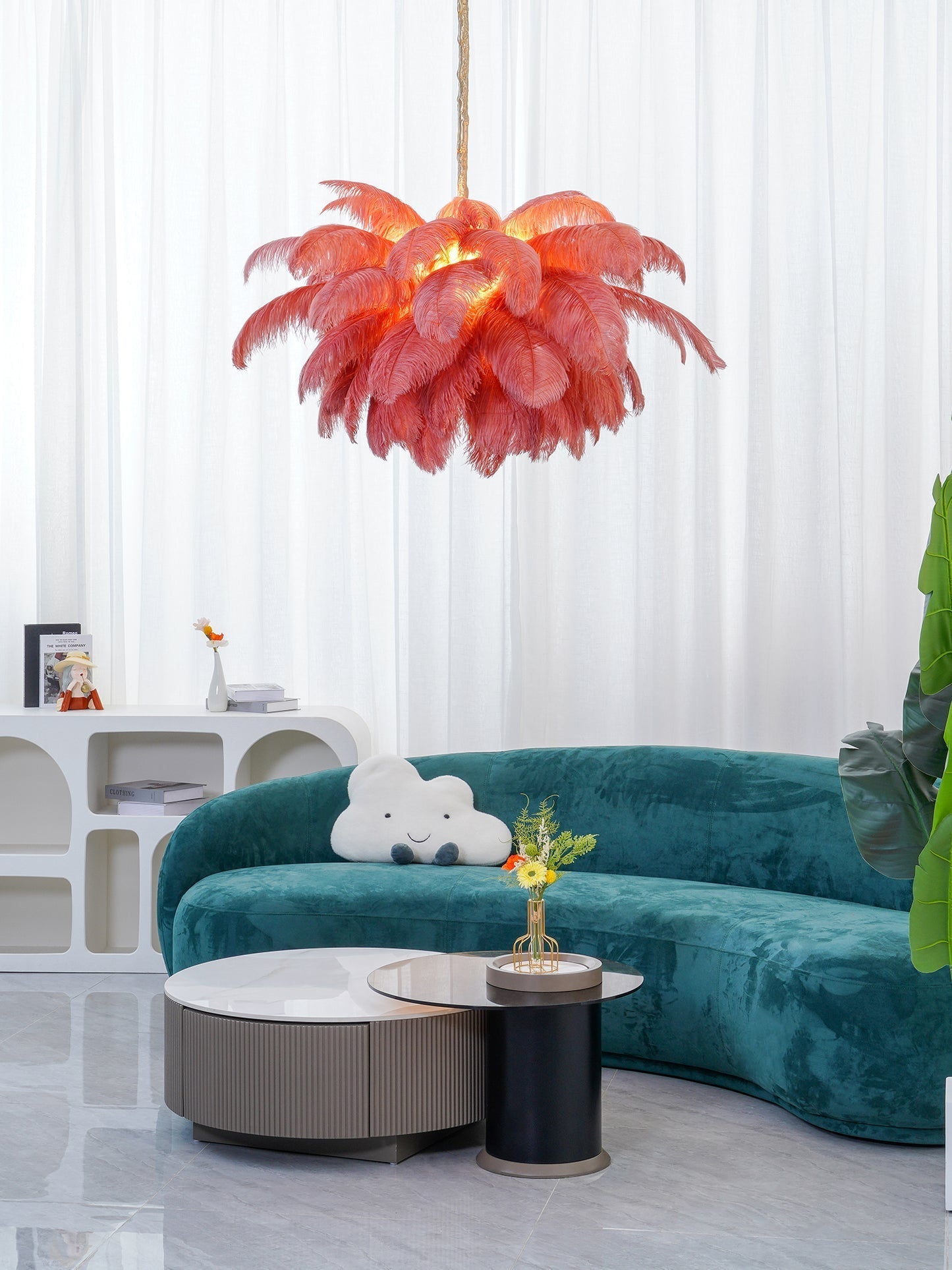 Lustra Chandelier Ostrich Feather Large Brass Stem - Letslighting