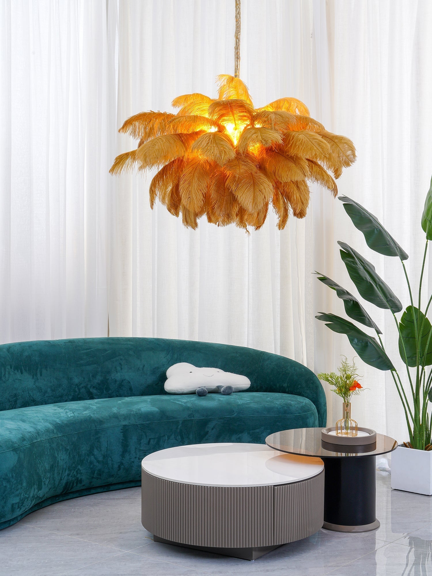 Lustra Chandelier Ostrich Feather Large Brass Stem - Letslighting