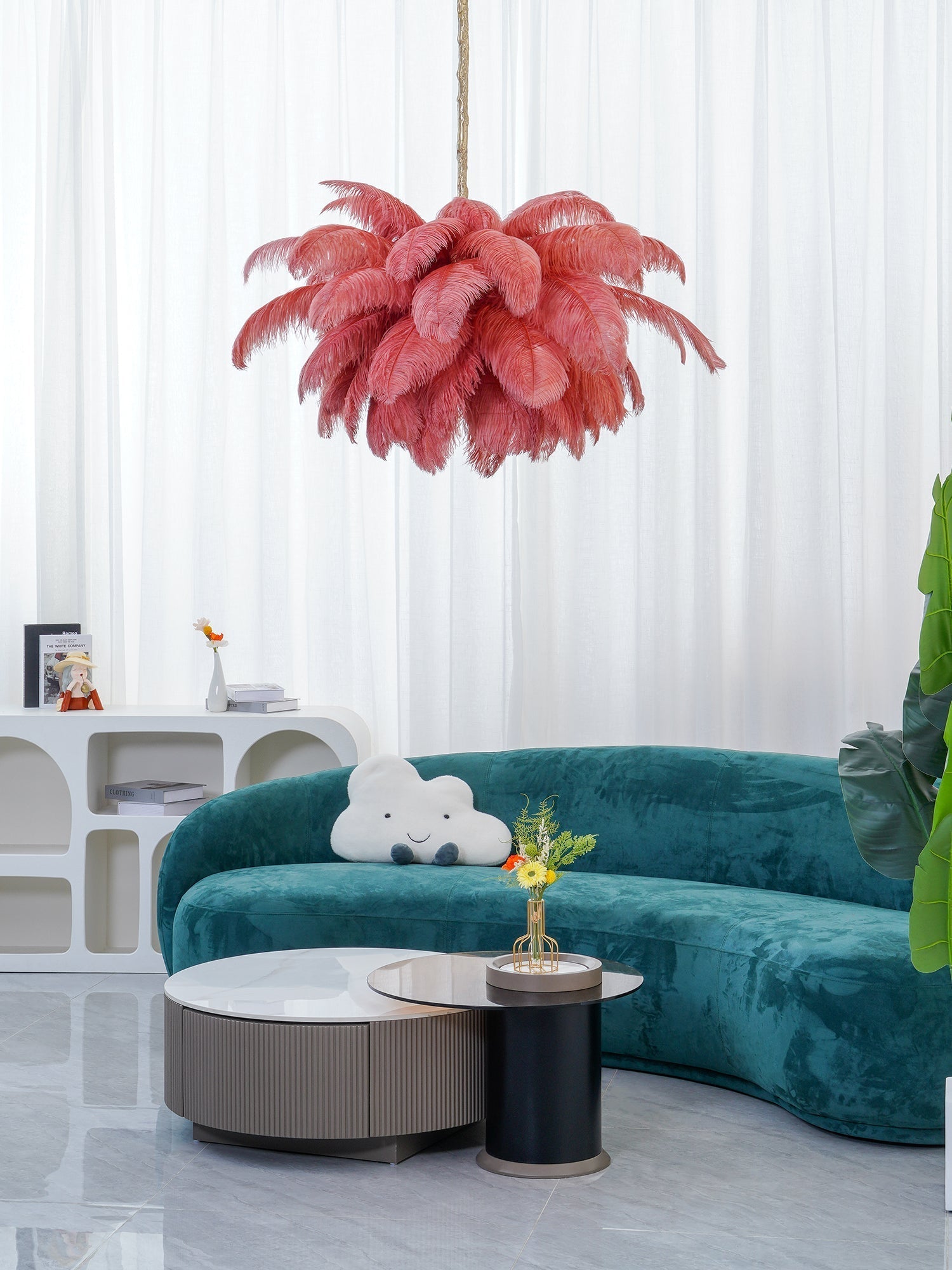 Lustra Chandelier Ostrich Feather Large Brass Stem - Letslighting