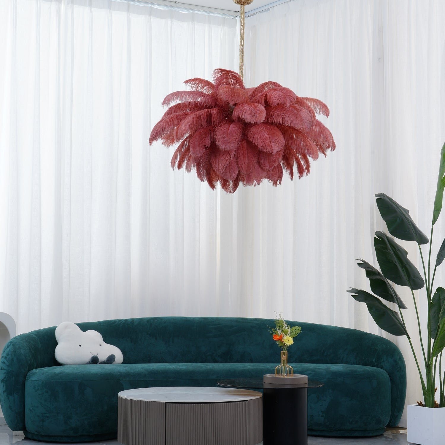 Lustra Chandelier Ostrich Feather Large Brass Stem - Letslighting