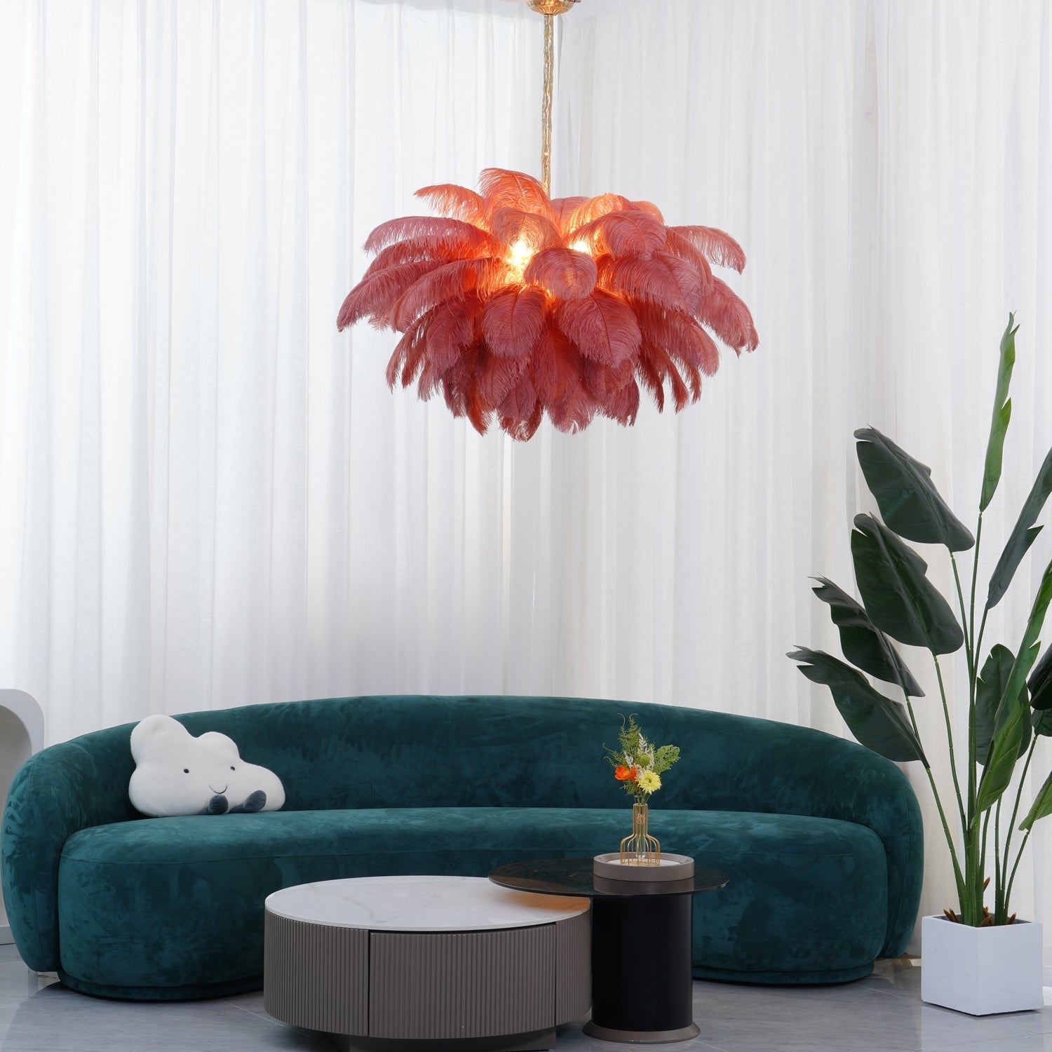 Lustra Chandelier Ostrich Feather Large Brass Stem - Letslighting