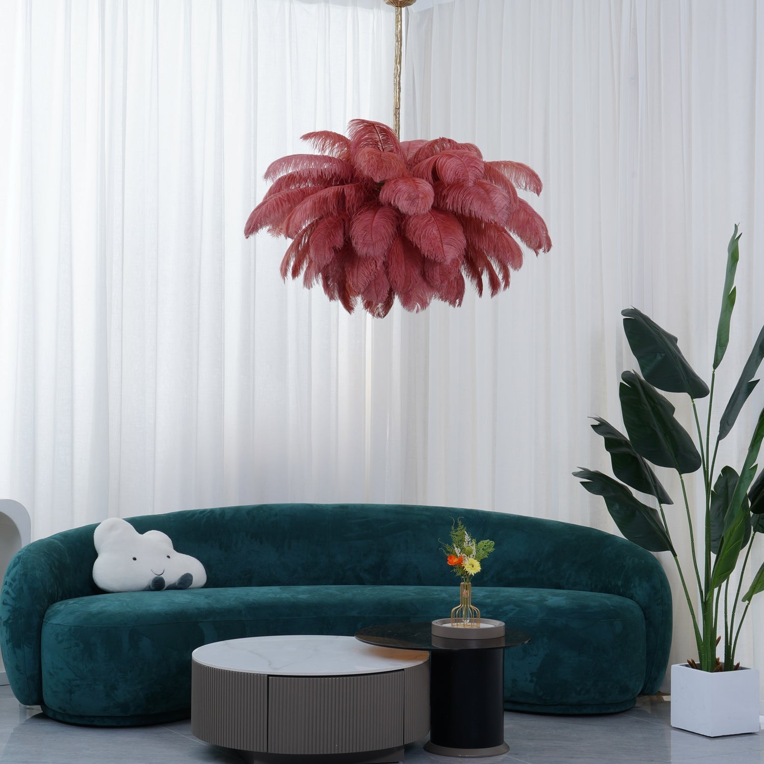 Lustra Chandelier Ostrich Feather Large Brass Stem - Letslighting