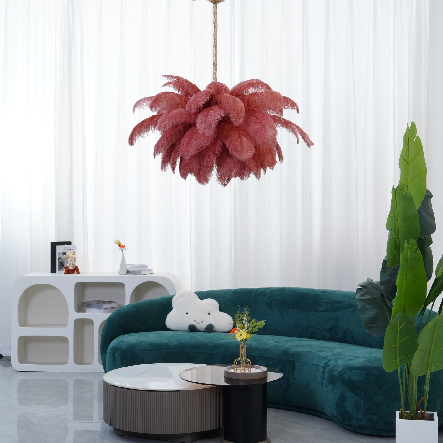 Lustra Chandelier Ostrich Feather Large Brass Stem - Letslighting