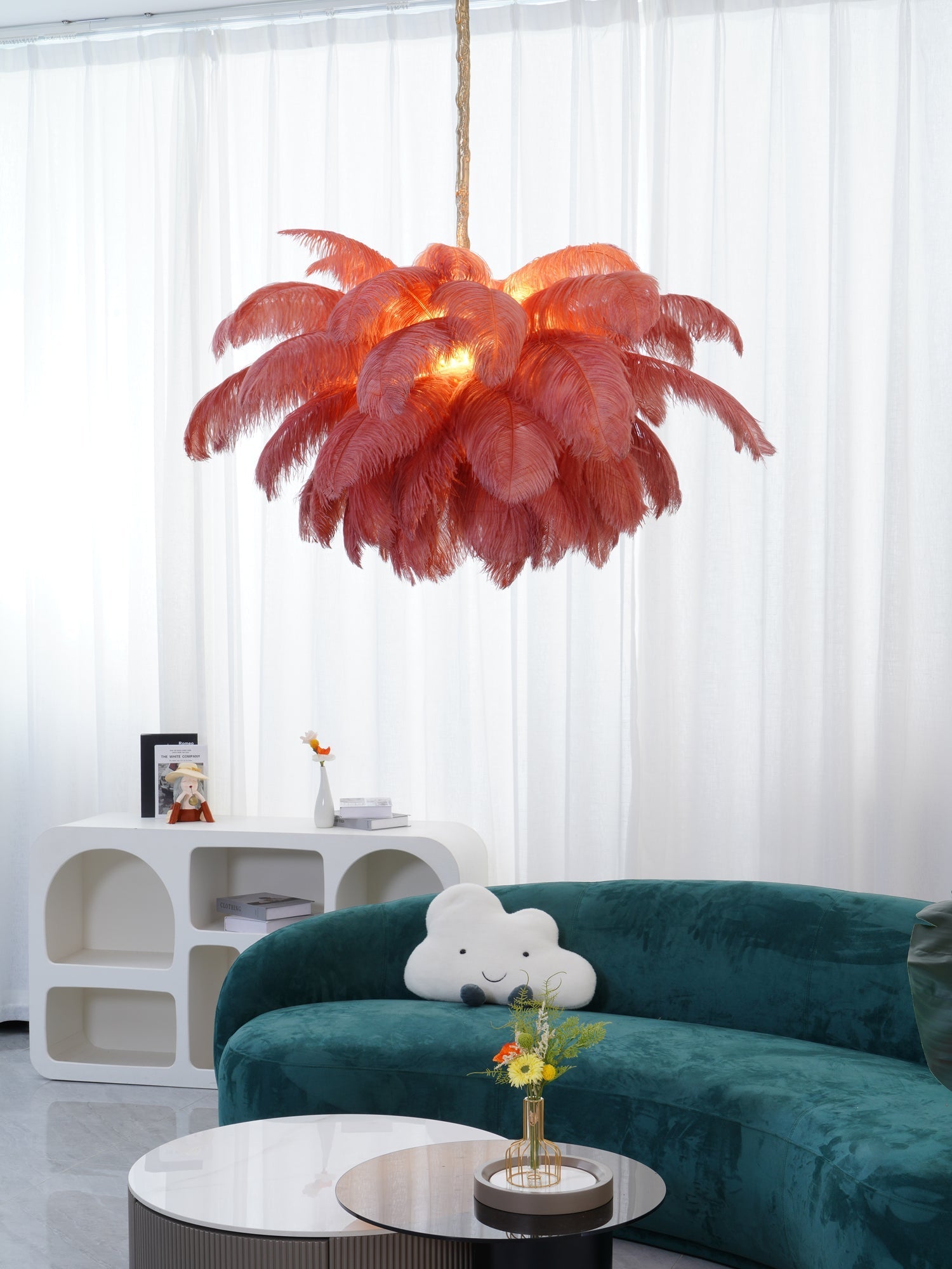 Lustra Chandelier Ostrich Feather Large Brass Stem - Letslighting