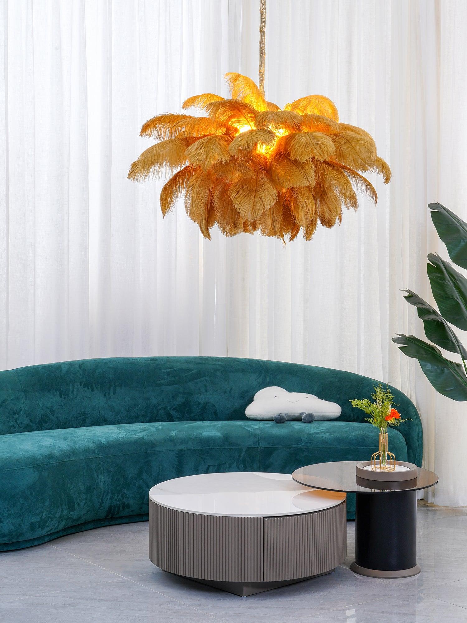 Lustra Chandelier Ostrich Feather Large Brass Stem - Letslighting