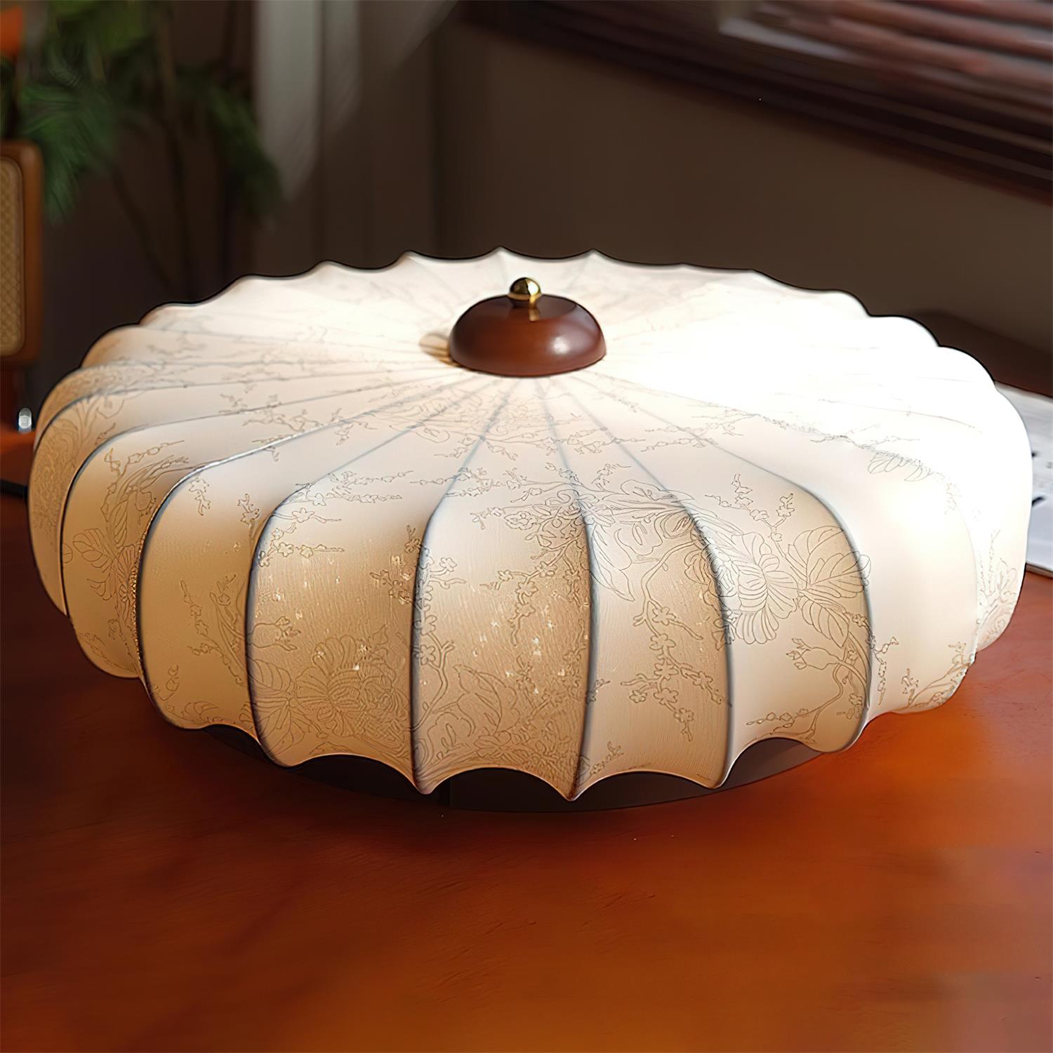 Ceiling Lamp Fabric Shade Pleated Lotus Shape Wooden Canopy - Letslighting