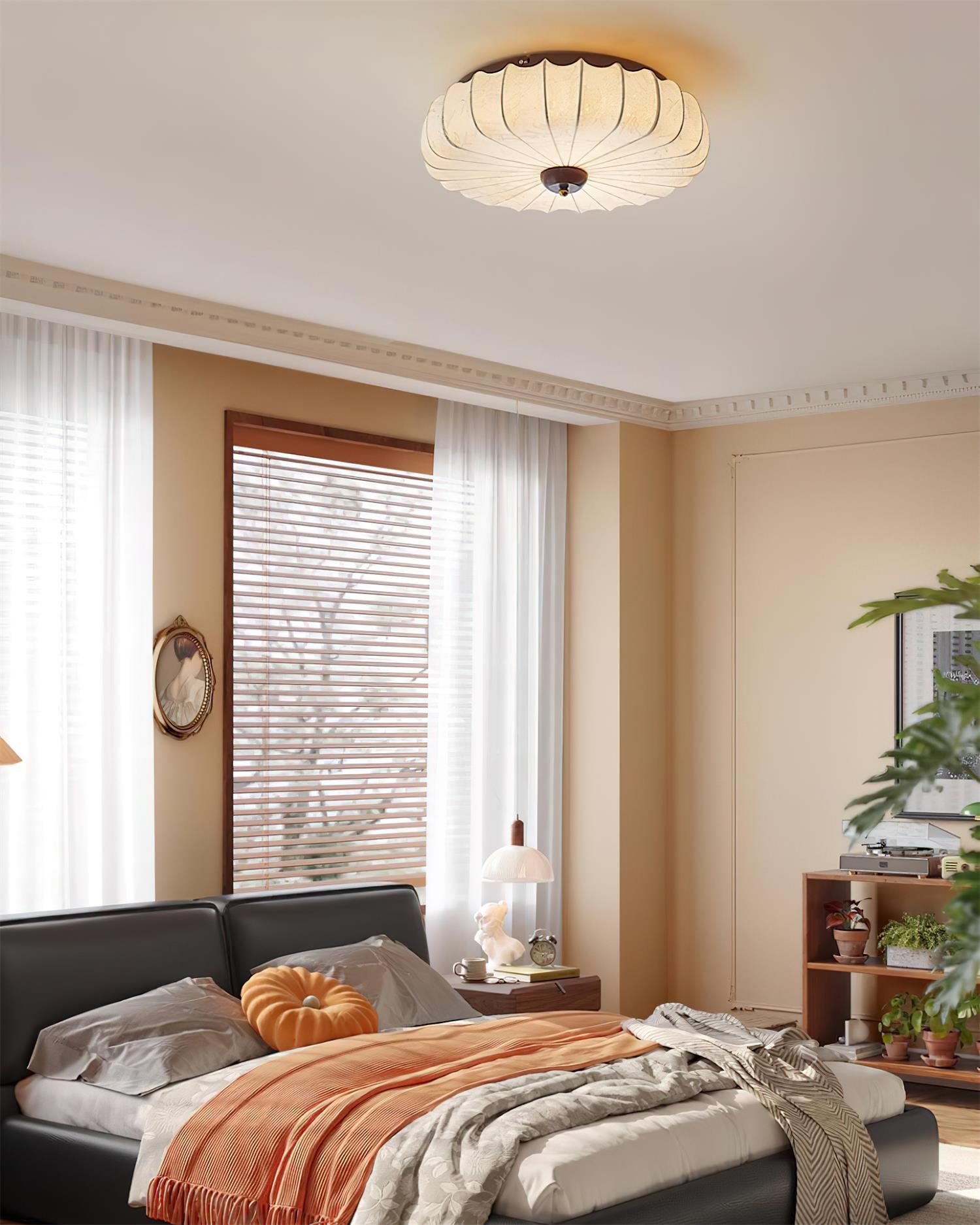 Ceiling Lamp Fabric Shade Pleated Lotus Shape Wooden Canopy - Letslighting