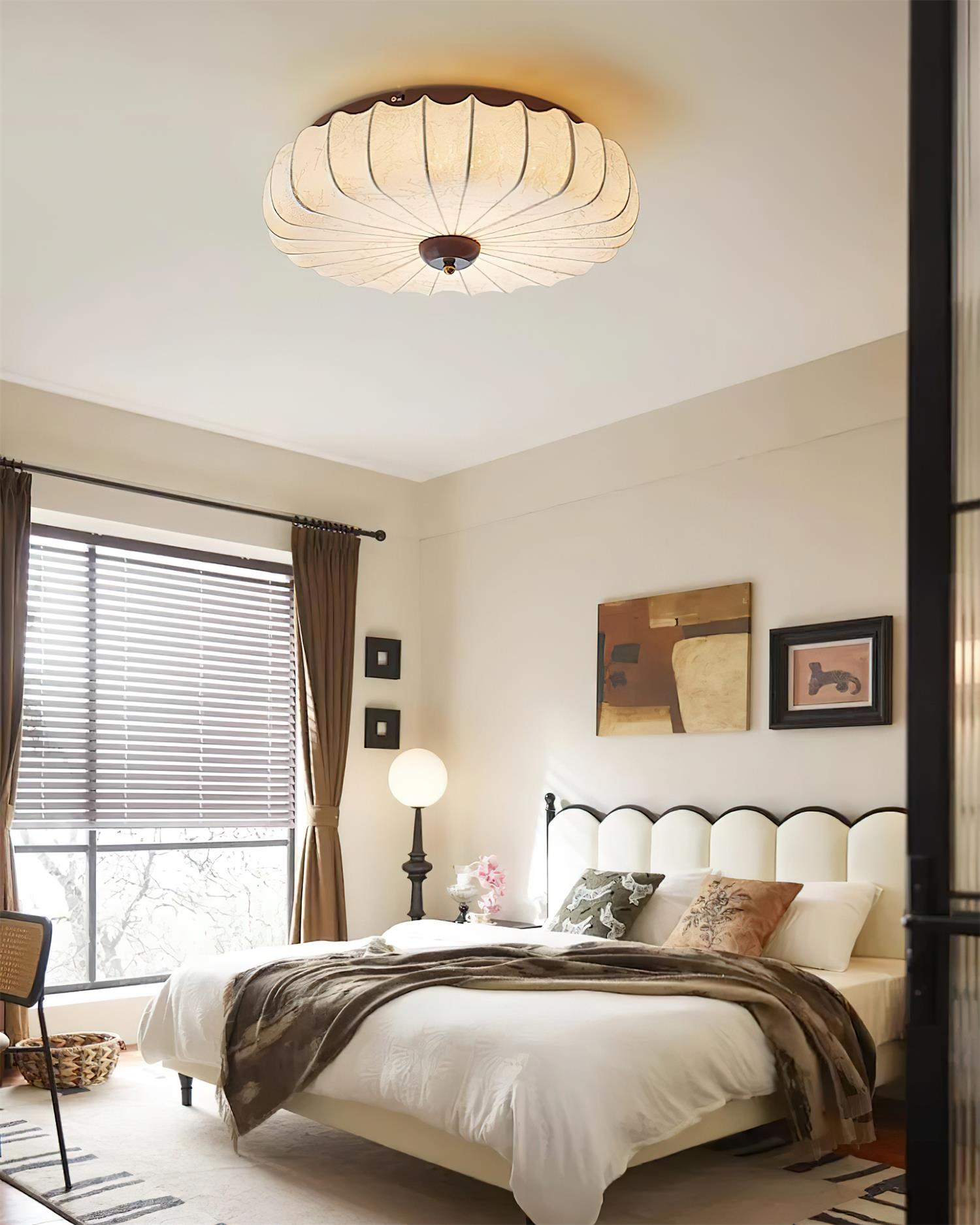 Ceiling Lamp Fabric Shade Pleated Lotus Shape Wooden Canopy - Letslighting