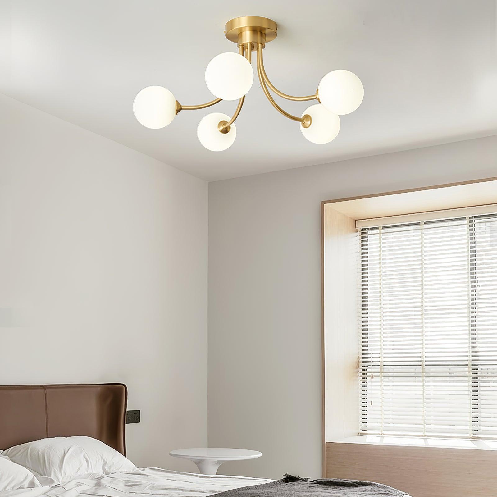 Ceiling Light Brass Branching Arms Opal Globe Shades Modern Elegant - Letslighting