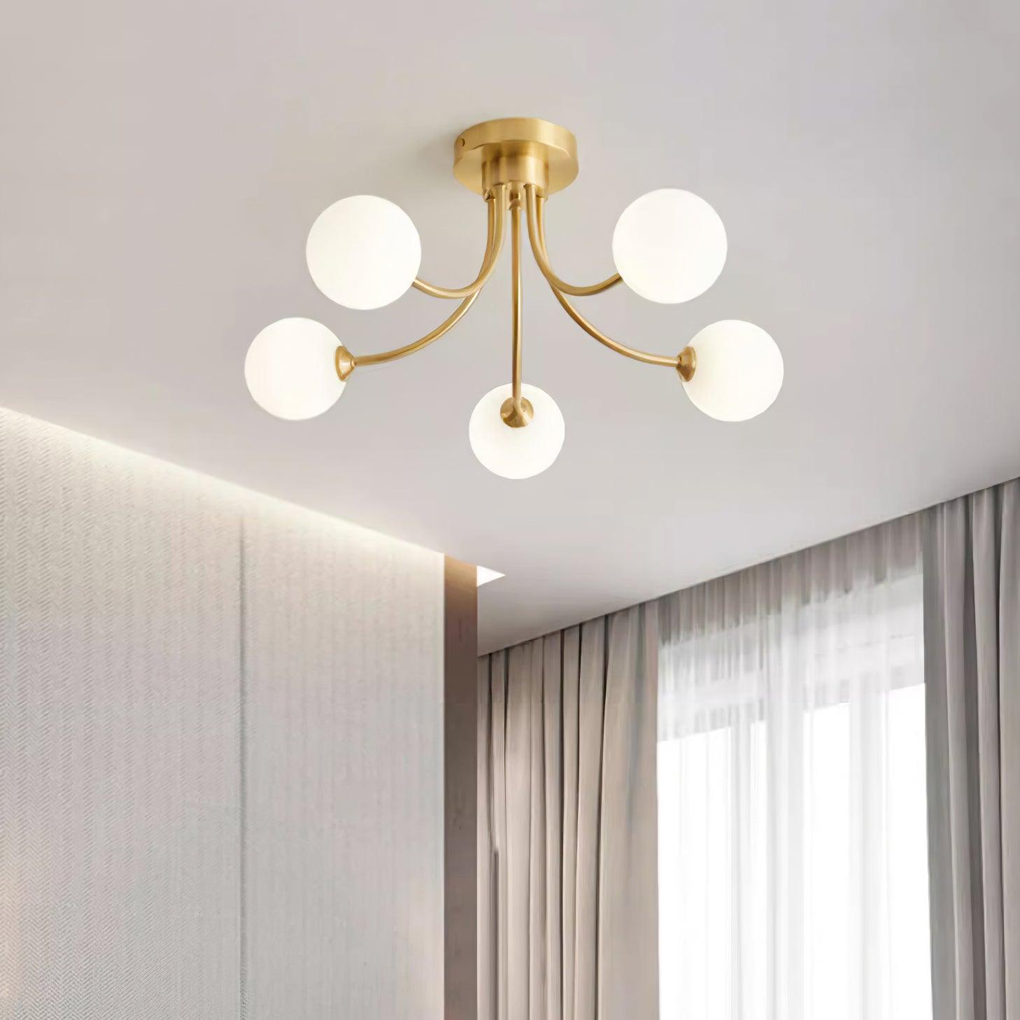 Ceiling Light Brass Branching Arms Opal Globe Shades Modern Elegant - Letslighting
