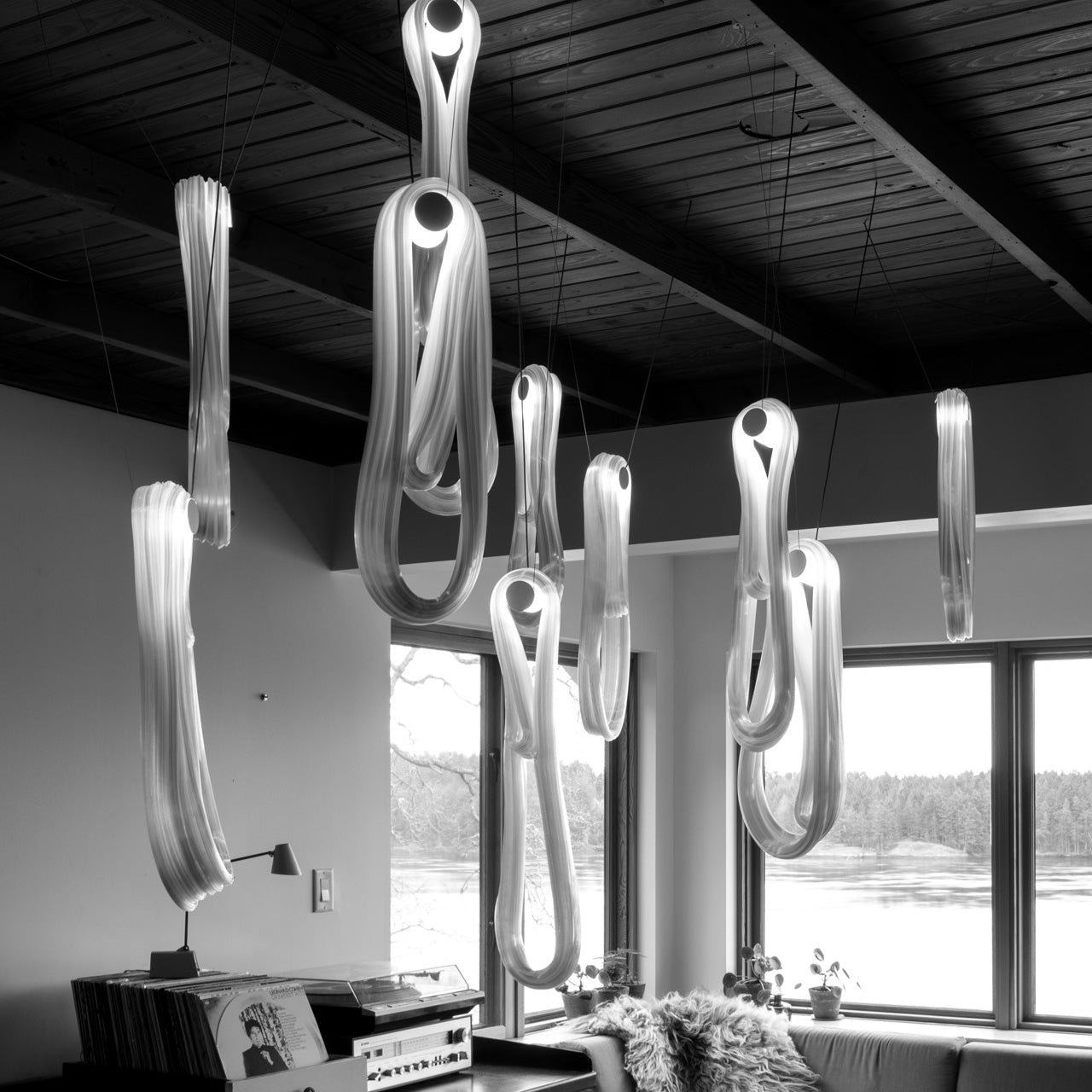 Pearlescent Modern Metal & Glass Chandelier