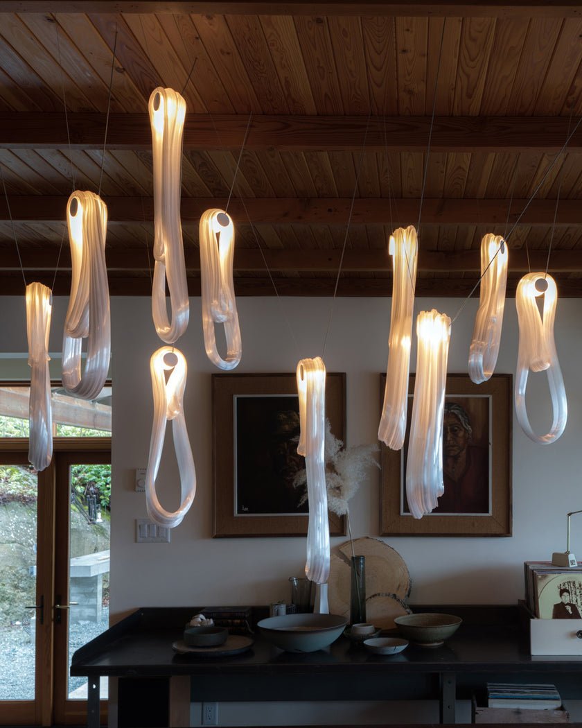 Pearlescent Modern Metal & Glass Chandelier
