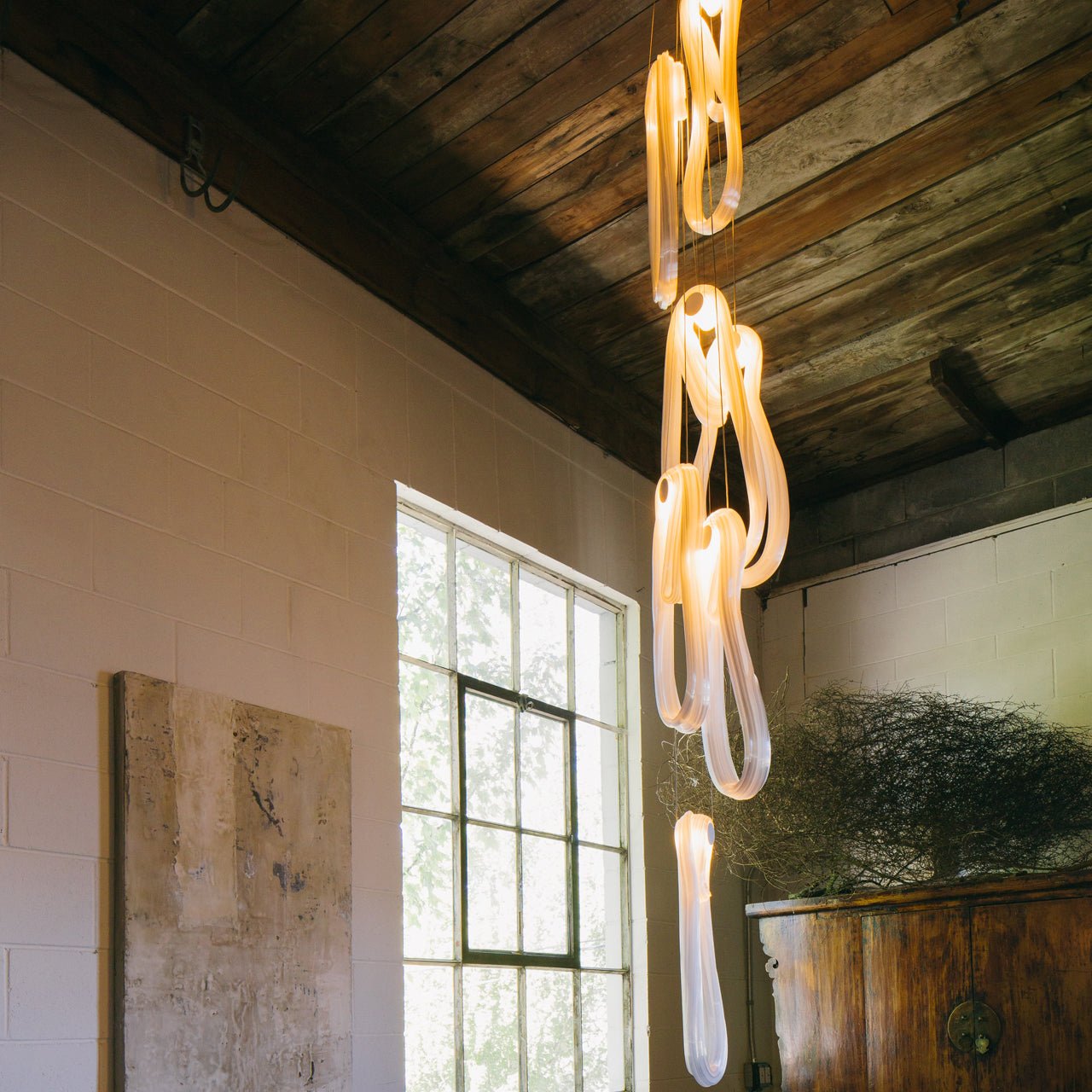 Pearlescent Modern Metal & Glass Chandelier