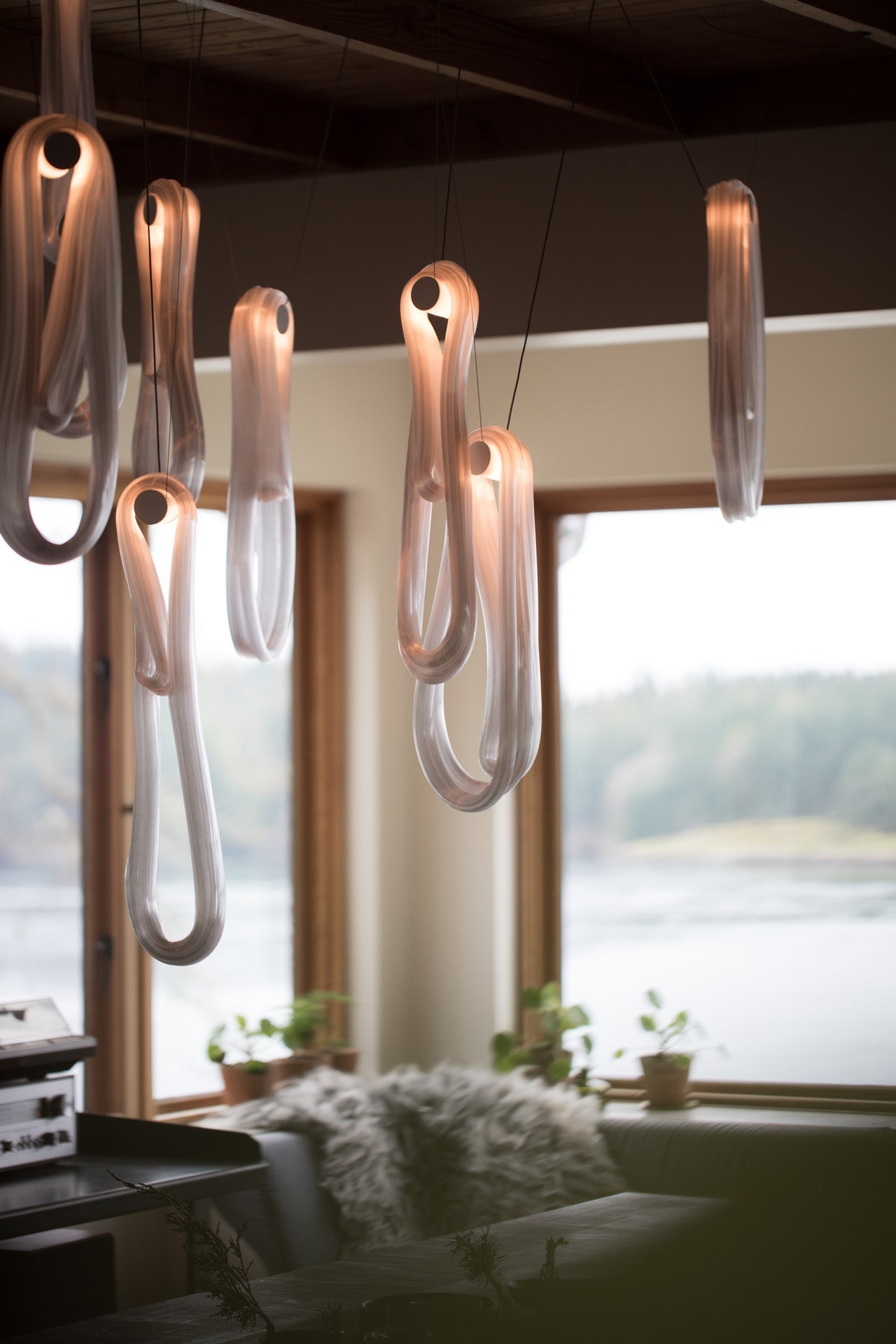 Pearlescent Modern Metal & Glass Chandelier
