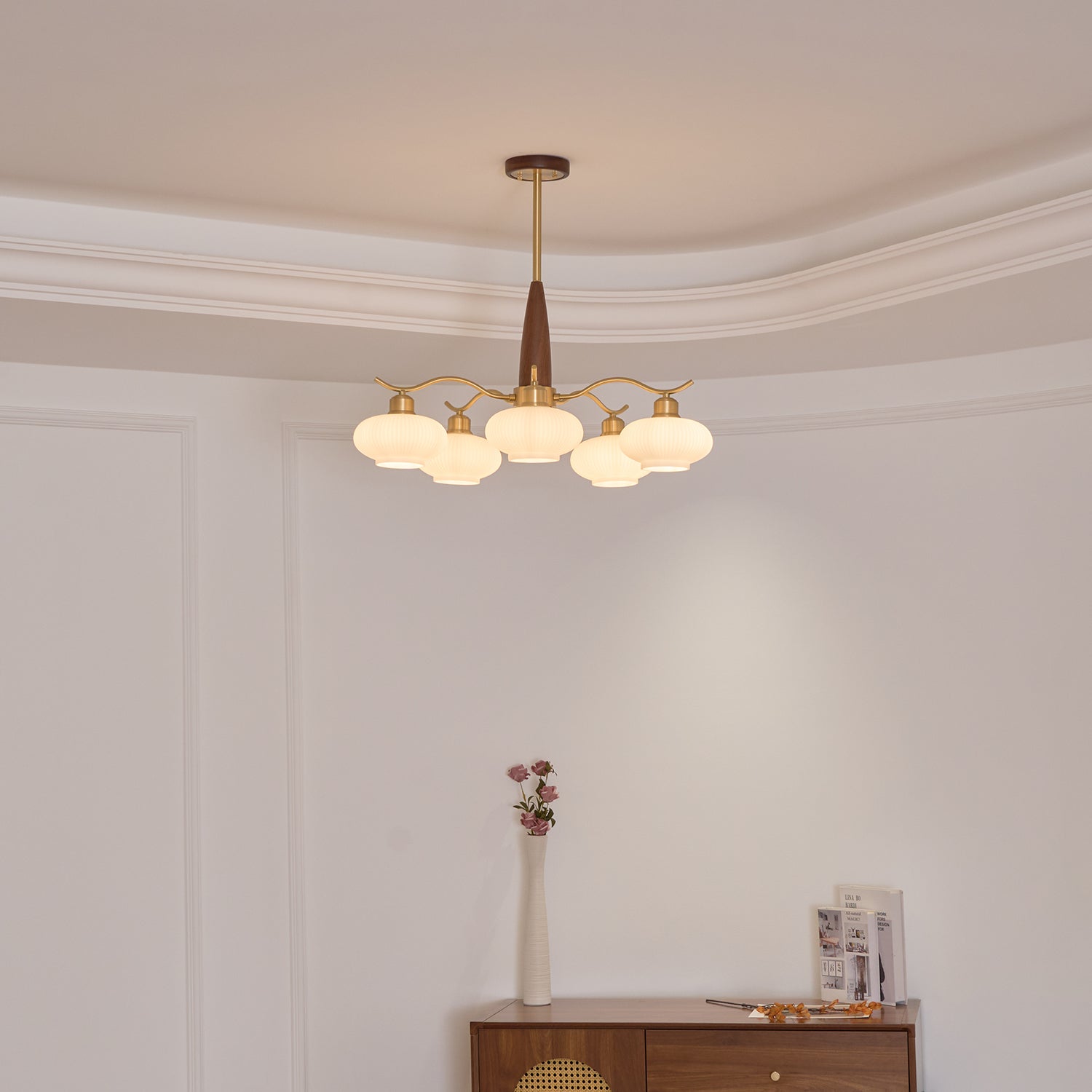 Cavien Brass and Walnut Chandelier - Letslighting
