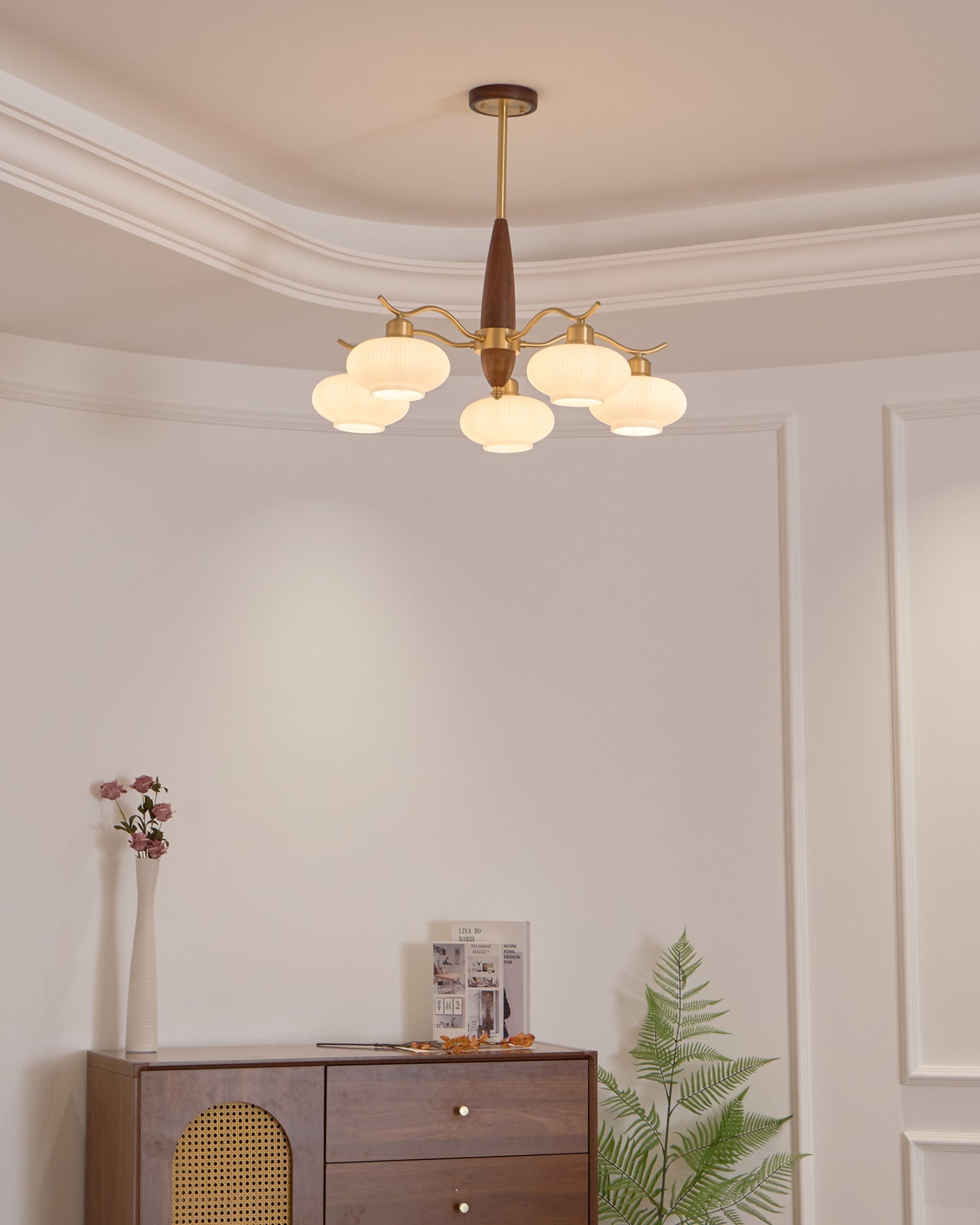 Cavien Brass and Walnut Chandelier - Letslighting