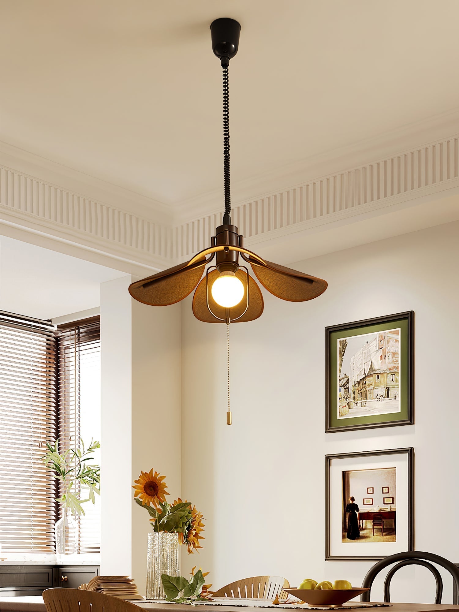Utalion Traditional Petal Bloom Wood Fabric Pendant Light - Letslighting