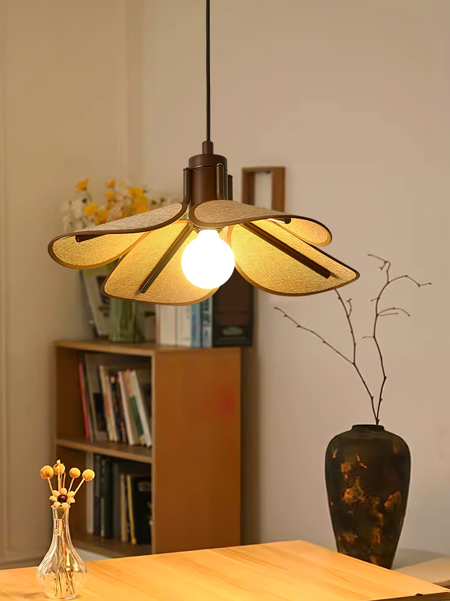 Utalion Traditional Petal Bloom Wood Fabric Pendant Light - Letslighting