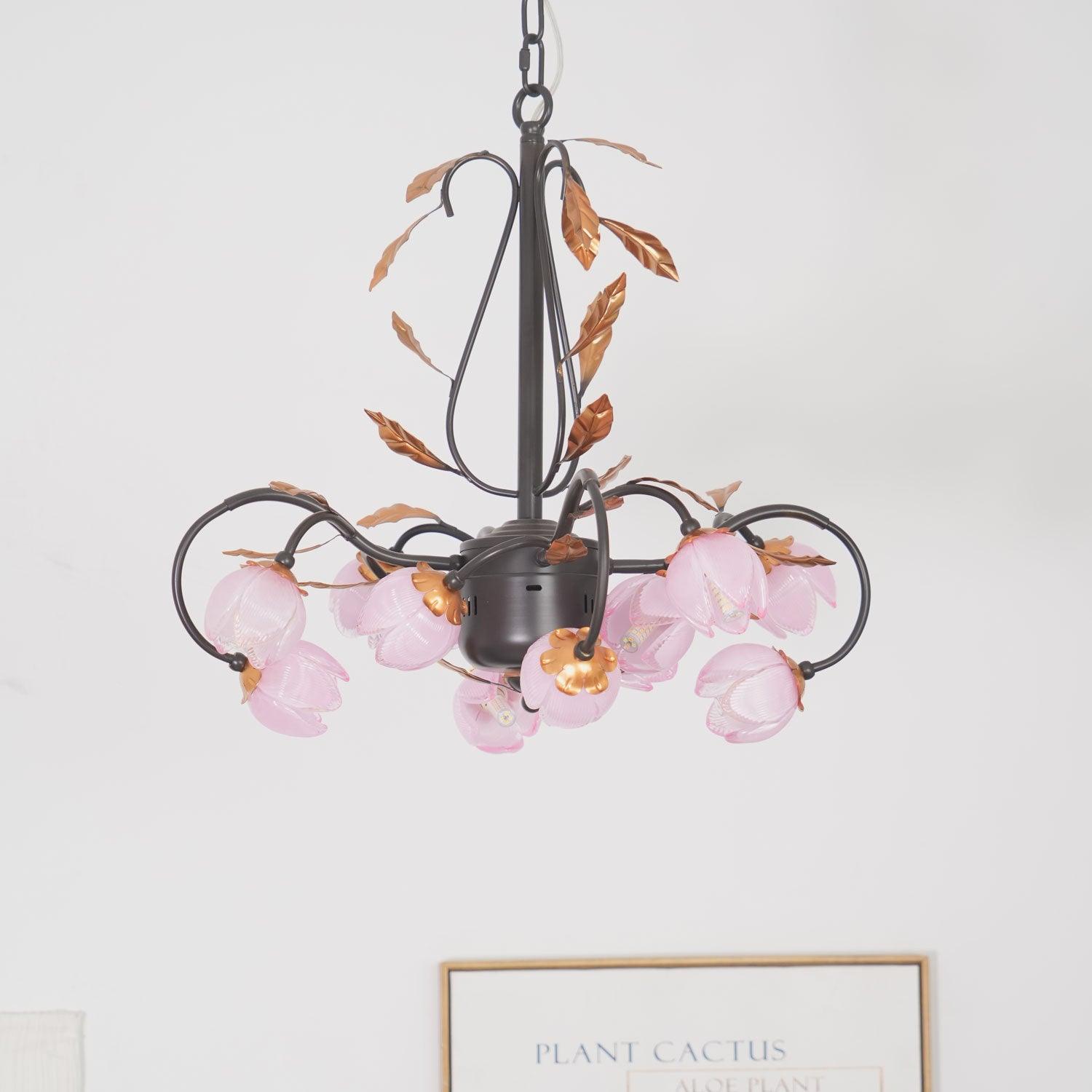 Avelora Vintage Industrial Tulip Pink Glass Chandelier - Letslighting