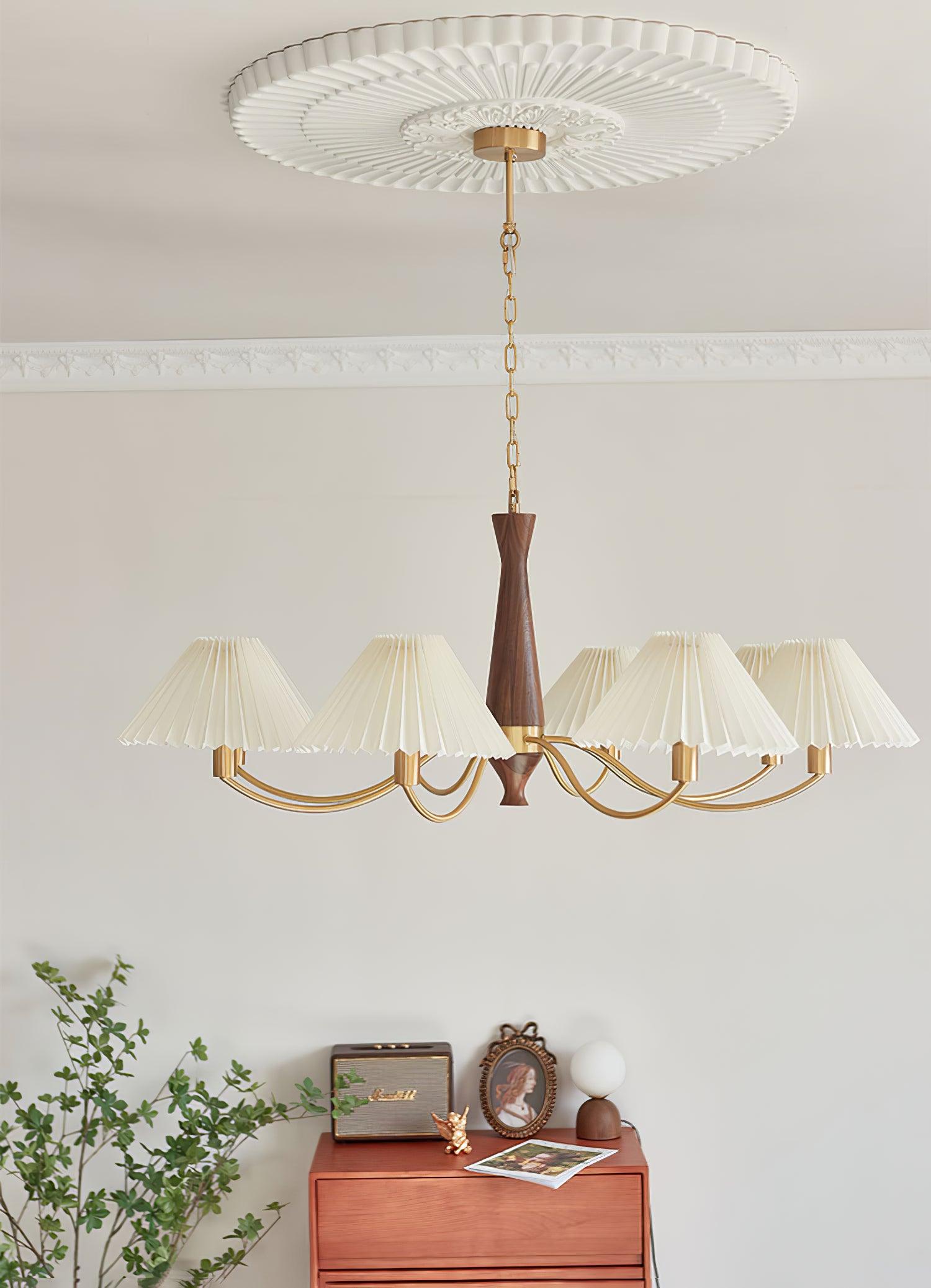 Lustra Chandelier Pleated with White Lampshades Mid-Century - Letslighting