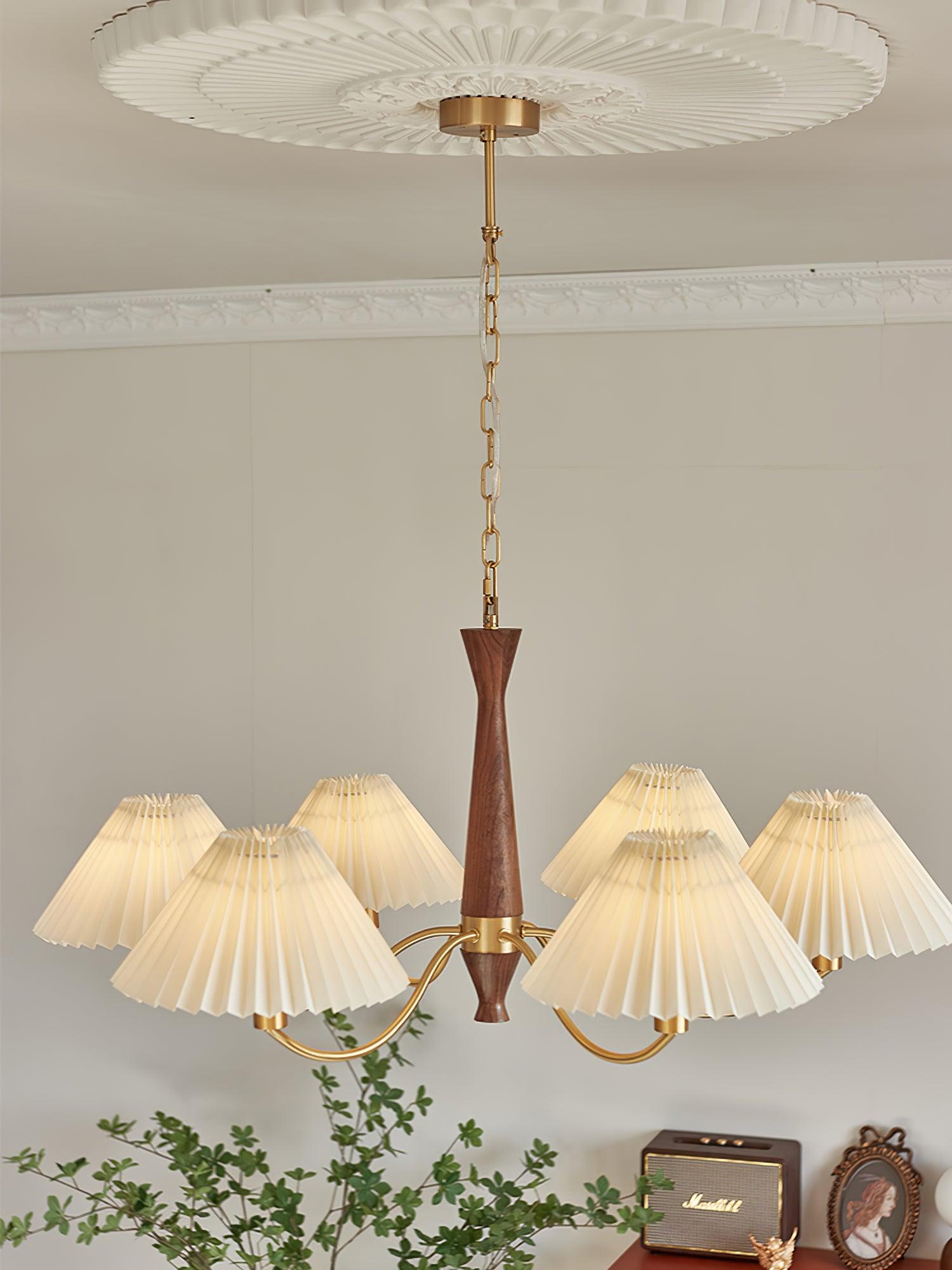 Lustra Chandelier Pleated with White Lampshades Mid-Century - Letslighting