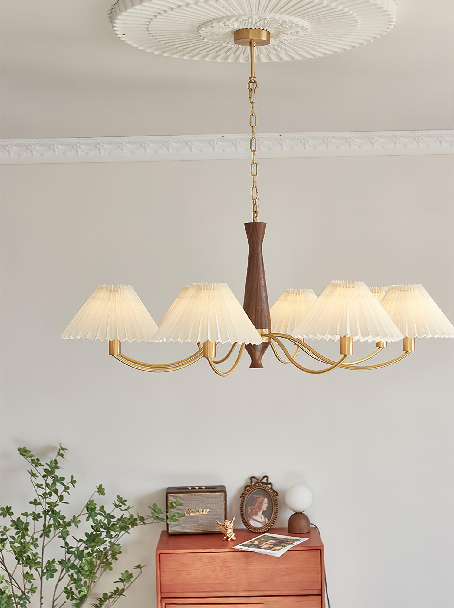 Lustra Chandelier Pleated with White Lampshades Mid-Century - Letslighting