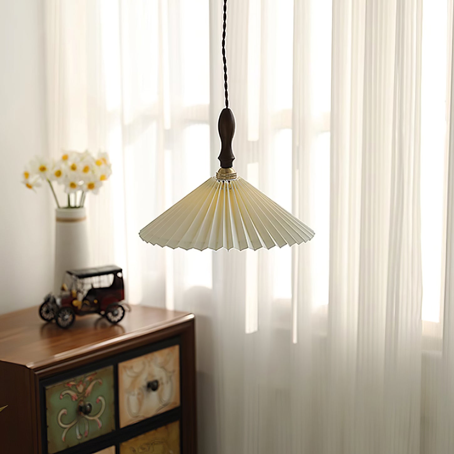 Eldora Pleated Shade Plug-In Pendant Light with Wooden Accent - Letslighting