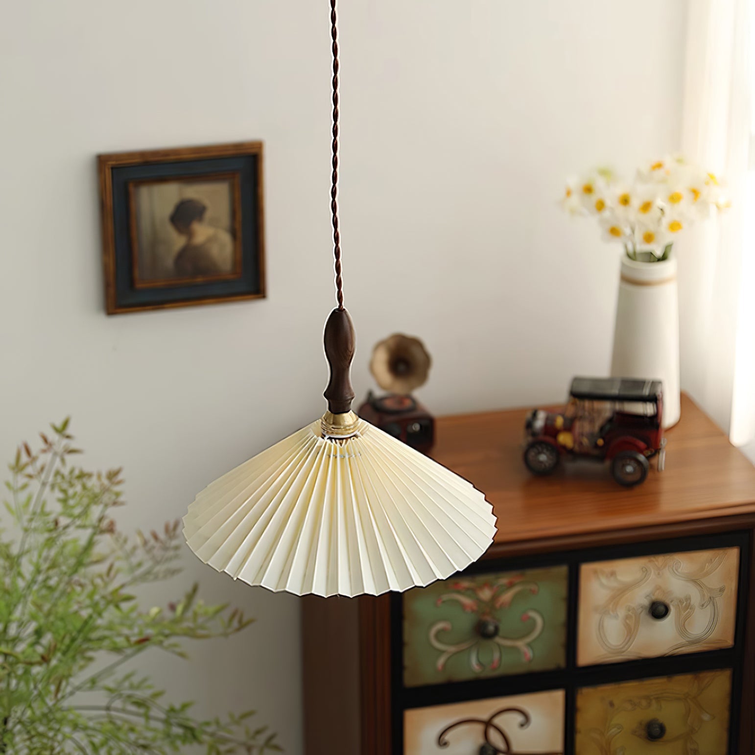 Eldora Pleated Shade Plug-In Pendant Light with Wooden Accent - Letslighting