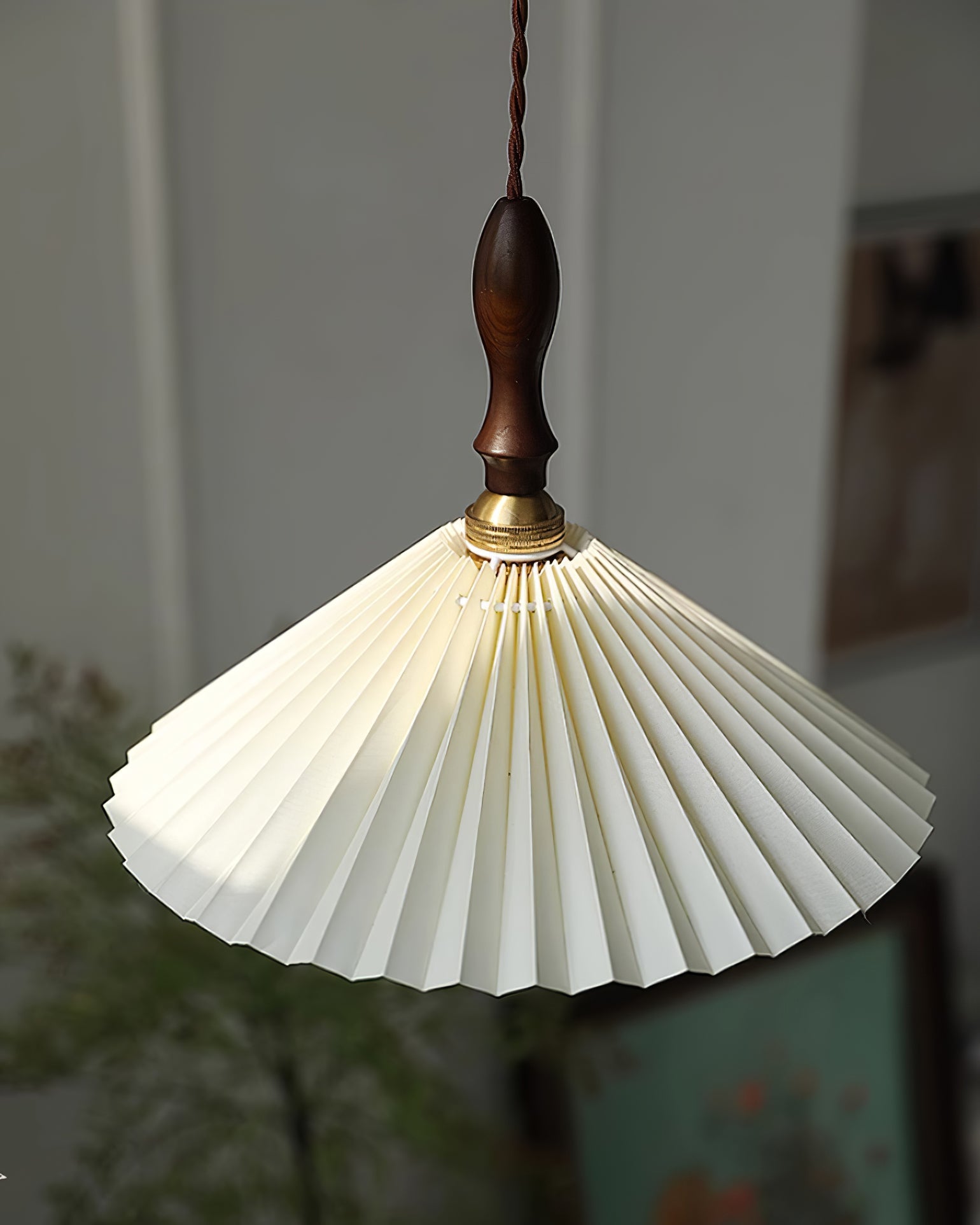 Eldora Pleated Shade Plug-In Pendant Light with Wooden Accent - Letslighting