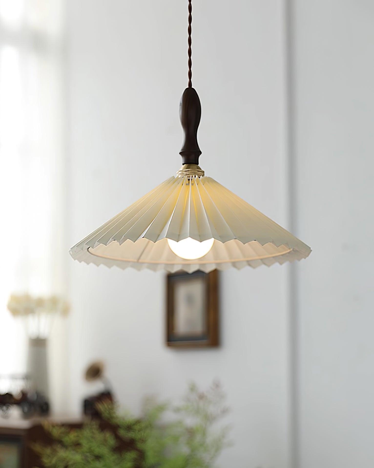 Eldora Pleated Shade Plug-In Pendant Light with Wooden Accent - Letslighting