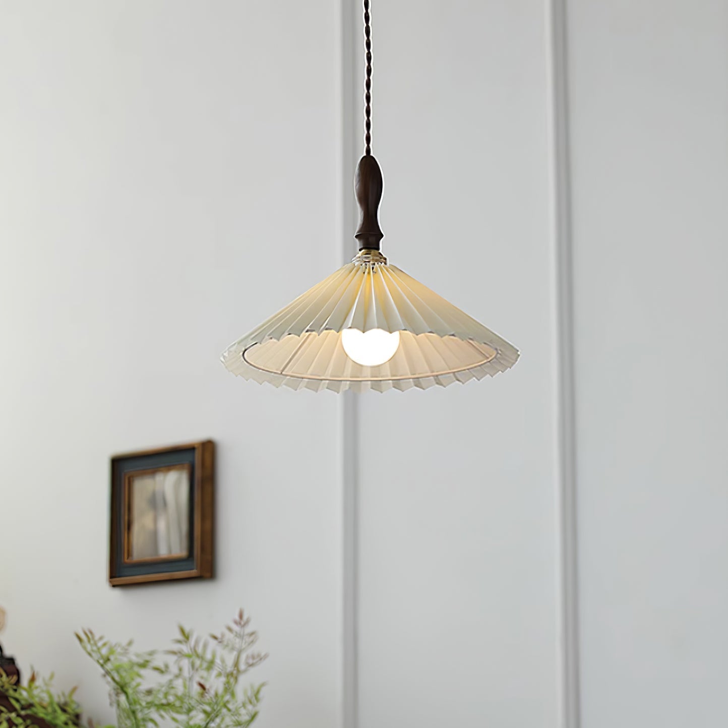 Eldora Pleated Shade Plug-In Pendant Light with Wooden Accent - Letslighting