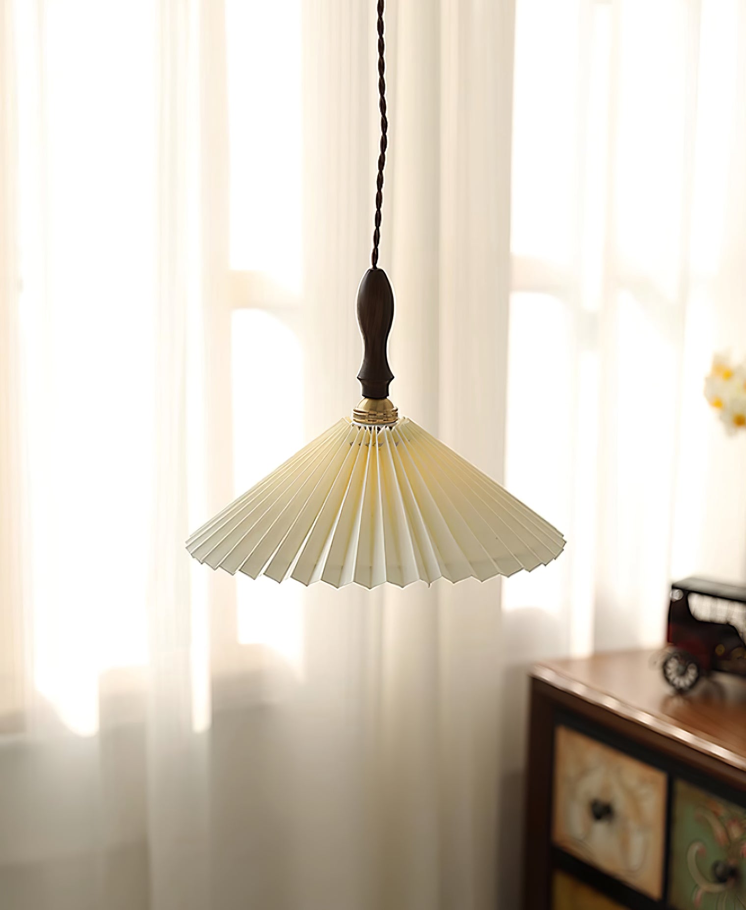 Eldora Pleated Shade Plug-In Pendant Light with Wooden Accent - Letslighting