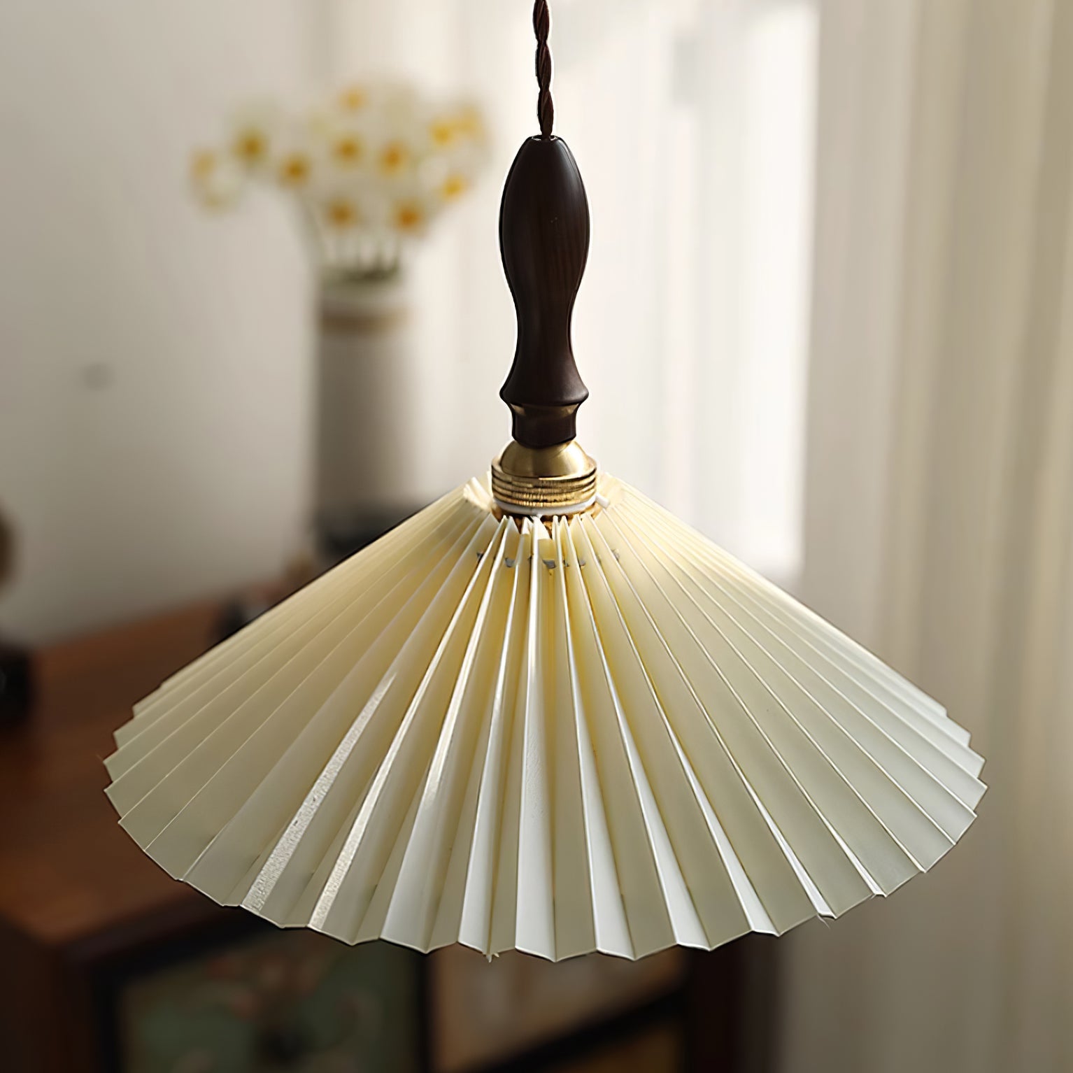 Eldora Pleated Shade Plug-In Pendant Light with Wooden Accent - Letslighting