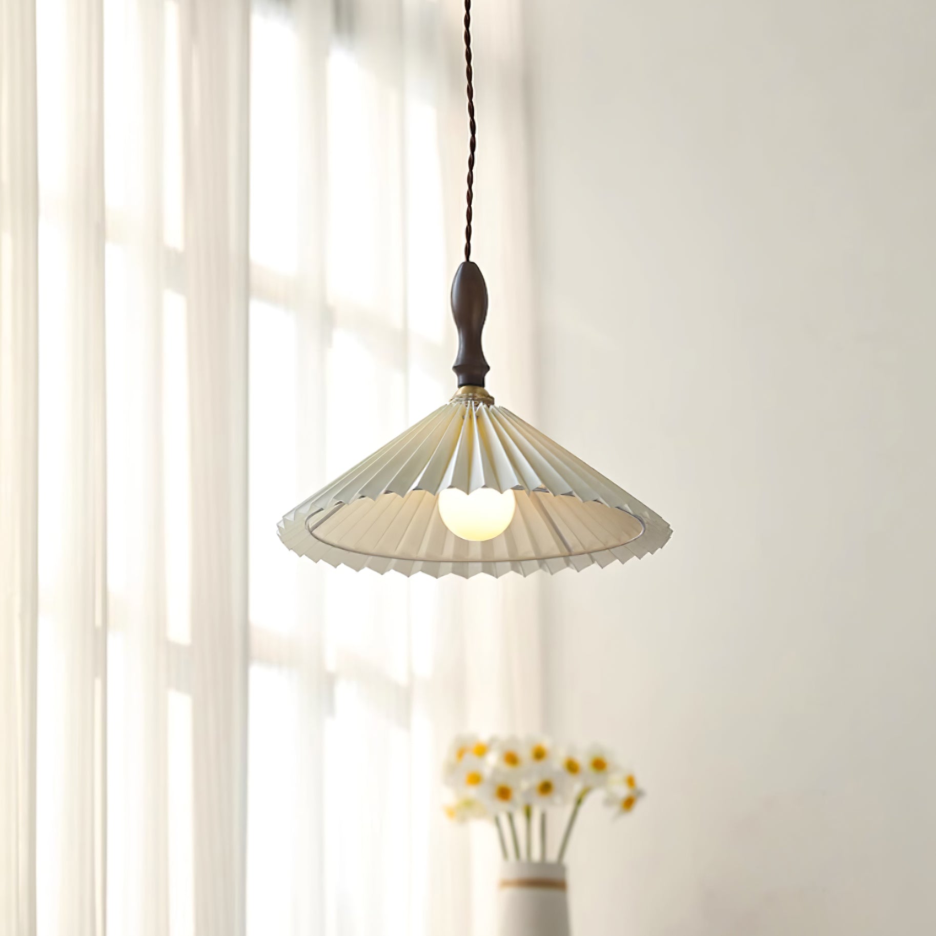 Eldora Pleated Shade Plug-In Pendant Light with Wooden Accent - Letslighting