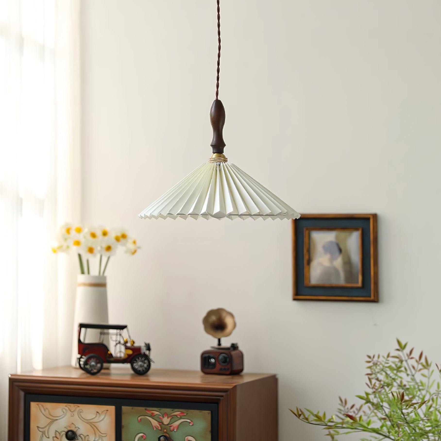Eldora Pleated Shade Plug-In Pendant Light with Wooden Accent - Letslighting