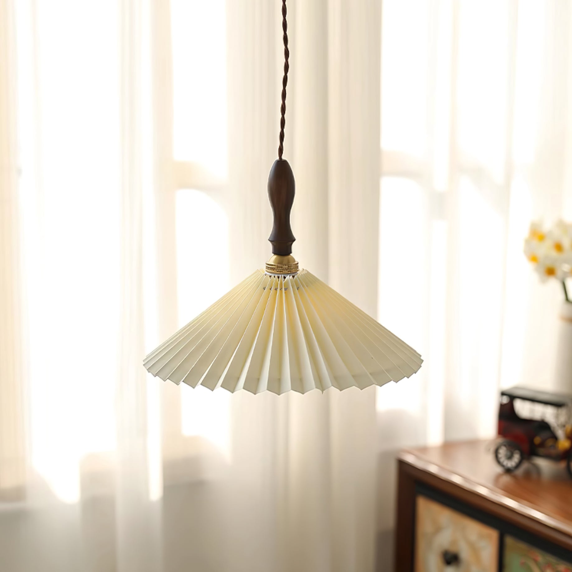 Eldora Pleated Shade Plug-In Pendant Light with Wooden Accent - Letslighting