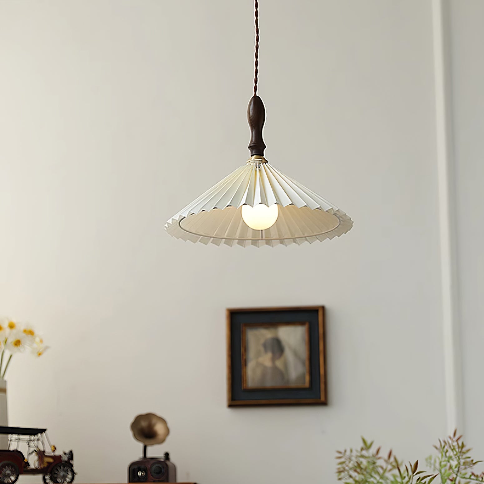 Eldora Pleated Shade Plug-In Pendant Light with Wooden Accent - Letslighting