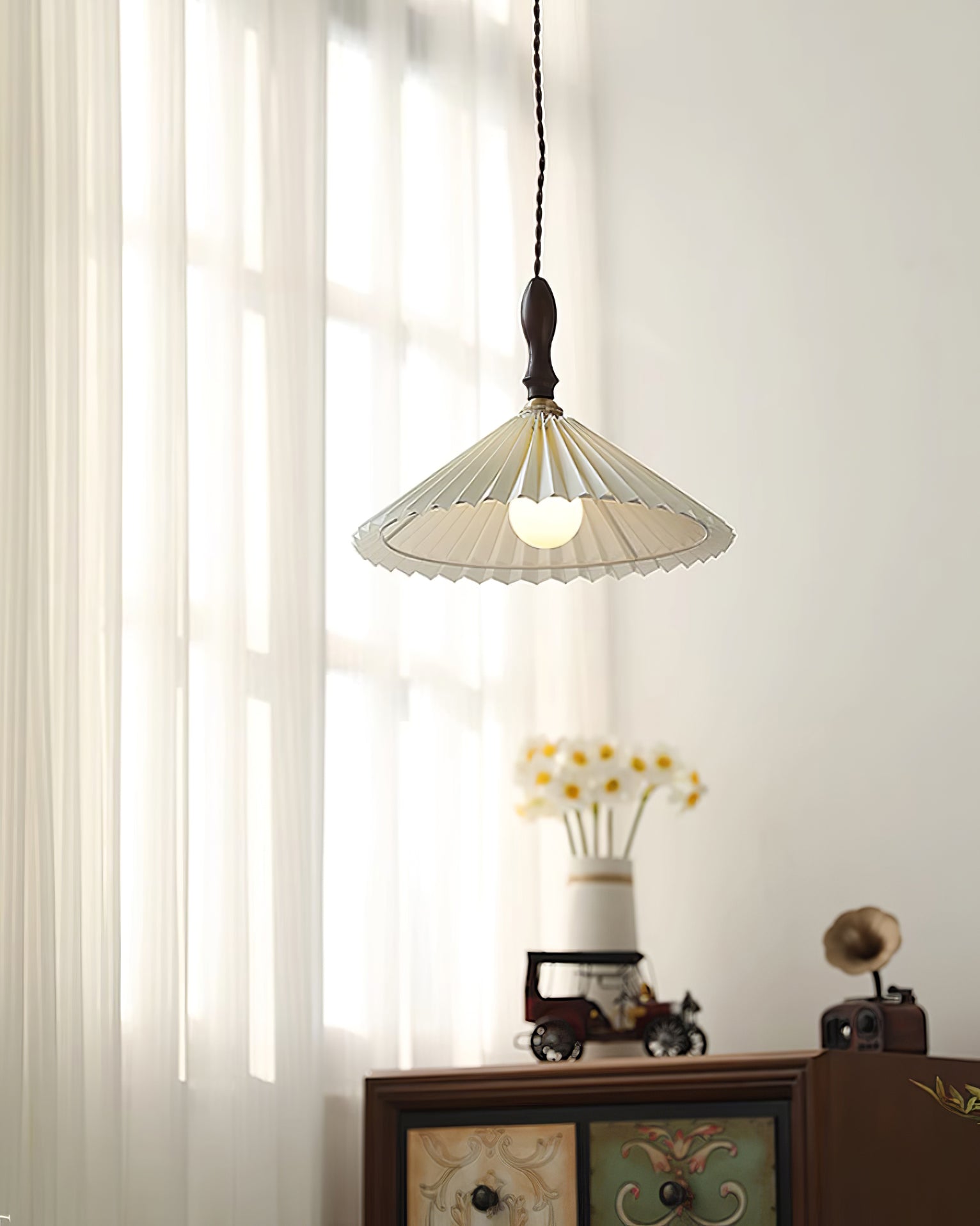 Eldora Pleated Shade Plug-In Pendant Light with Wooden Accent - Letslighting