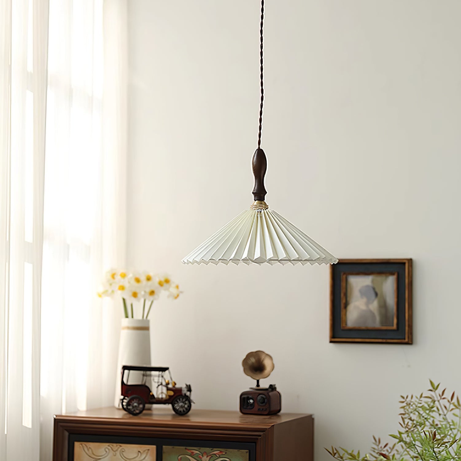 Eldora Pleated Shade Plug-In Pendant Light with Wooden Accent - Letslighting