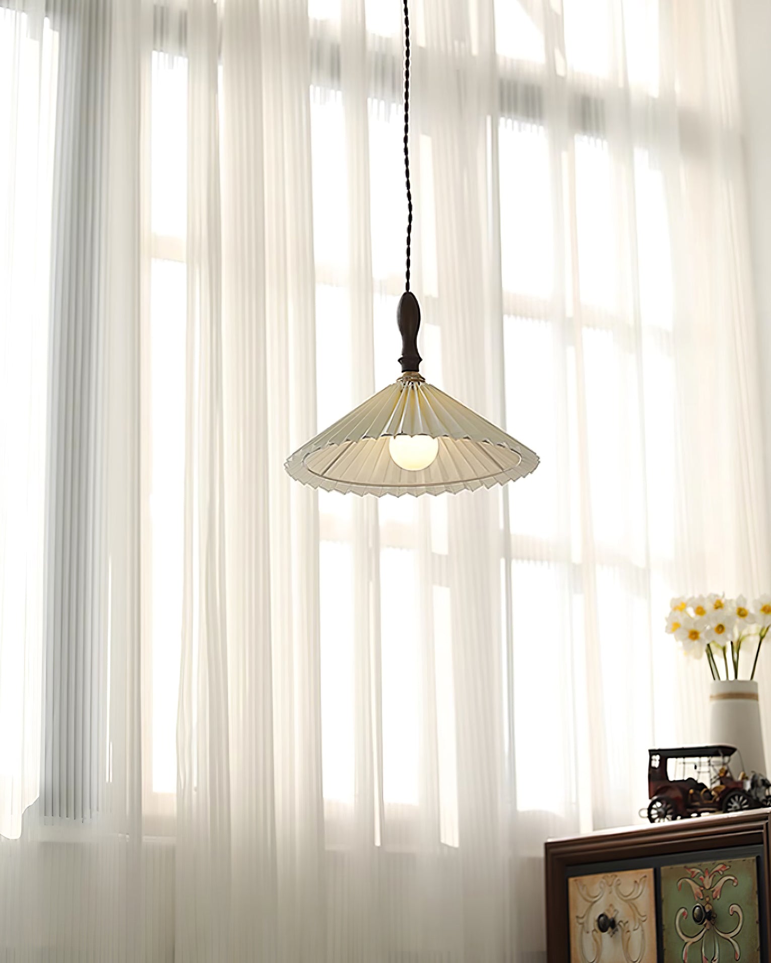 Eldora Pleated Shade Plug-In Pendant Light with Wooden Accent - Letslighting