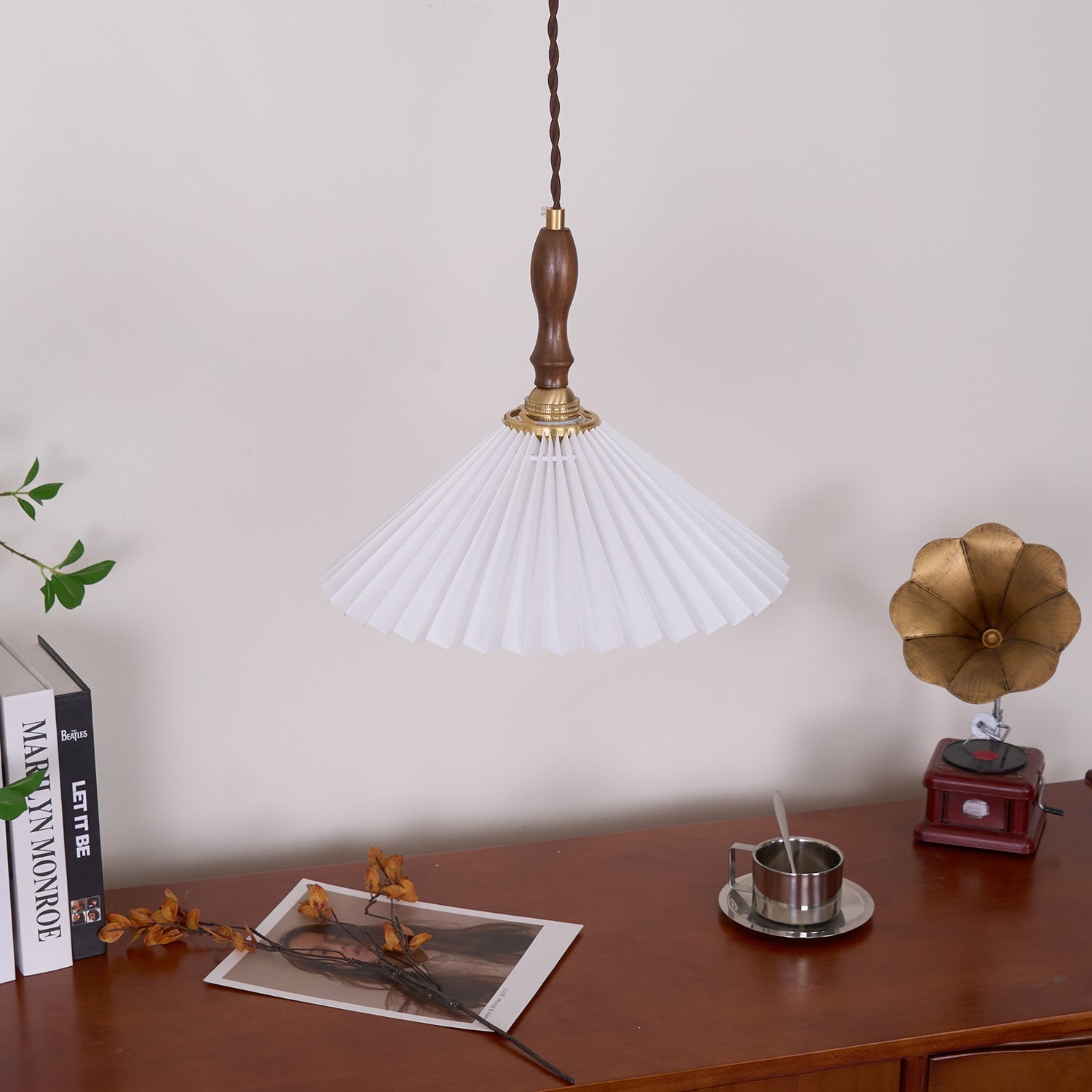 Eldora Pleated Shade Plug-In Pendant Light with Wooden Accent - Letslighting