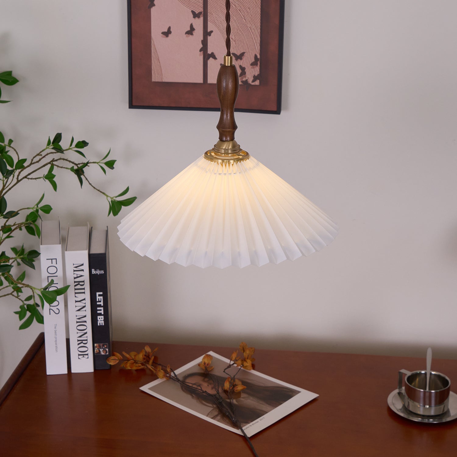Eldora Pleated Shade Plug-In Pendant Light with Wooden Accent - Letslighting