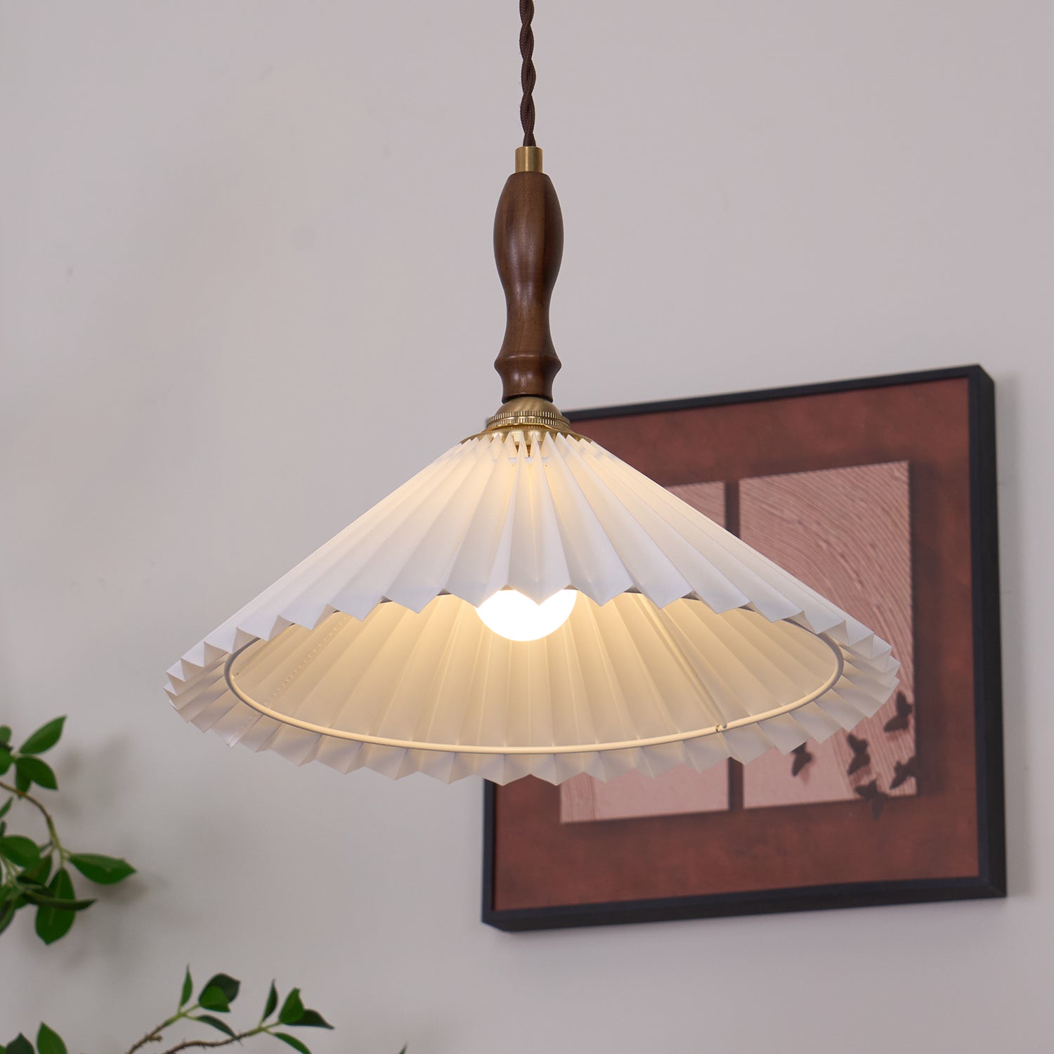 Eldora Pleated Shade Plug-In Pendant Light with Wooden Accent - Letslighting