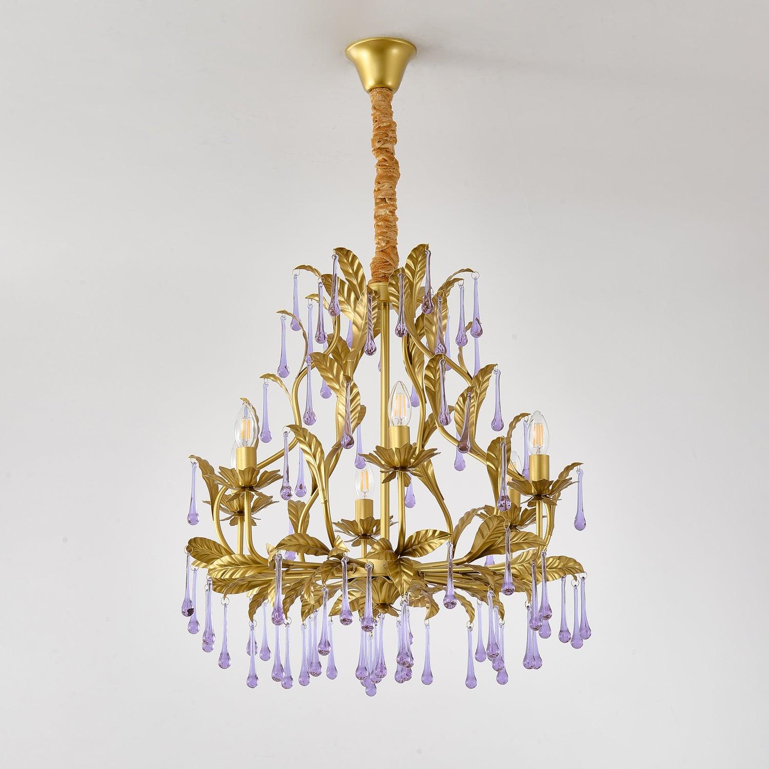 Murano Chandelier Purple Crystal Droplets Gold Leaves - Letslighting