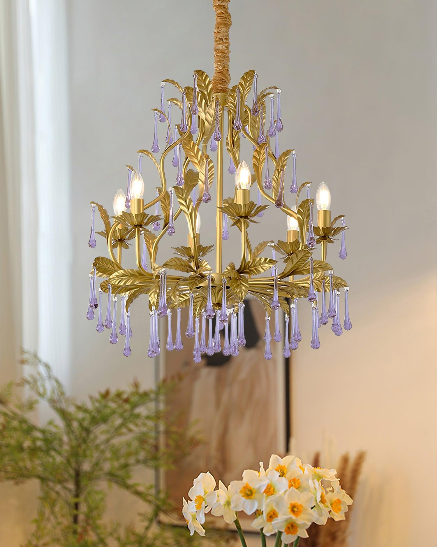Murano Chandelier Purple Crystal Droplets Gold Leaves - Letslighting