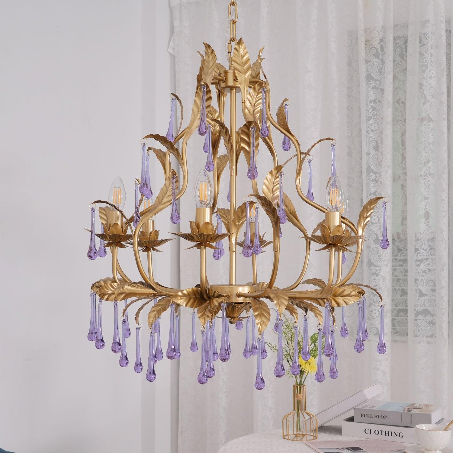 Murano Chandelier Purple Crystal Droplets Gold Leaves - Letslighting