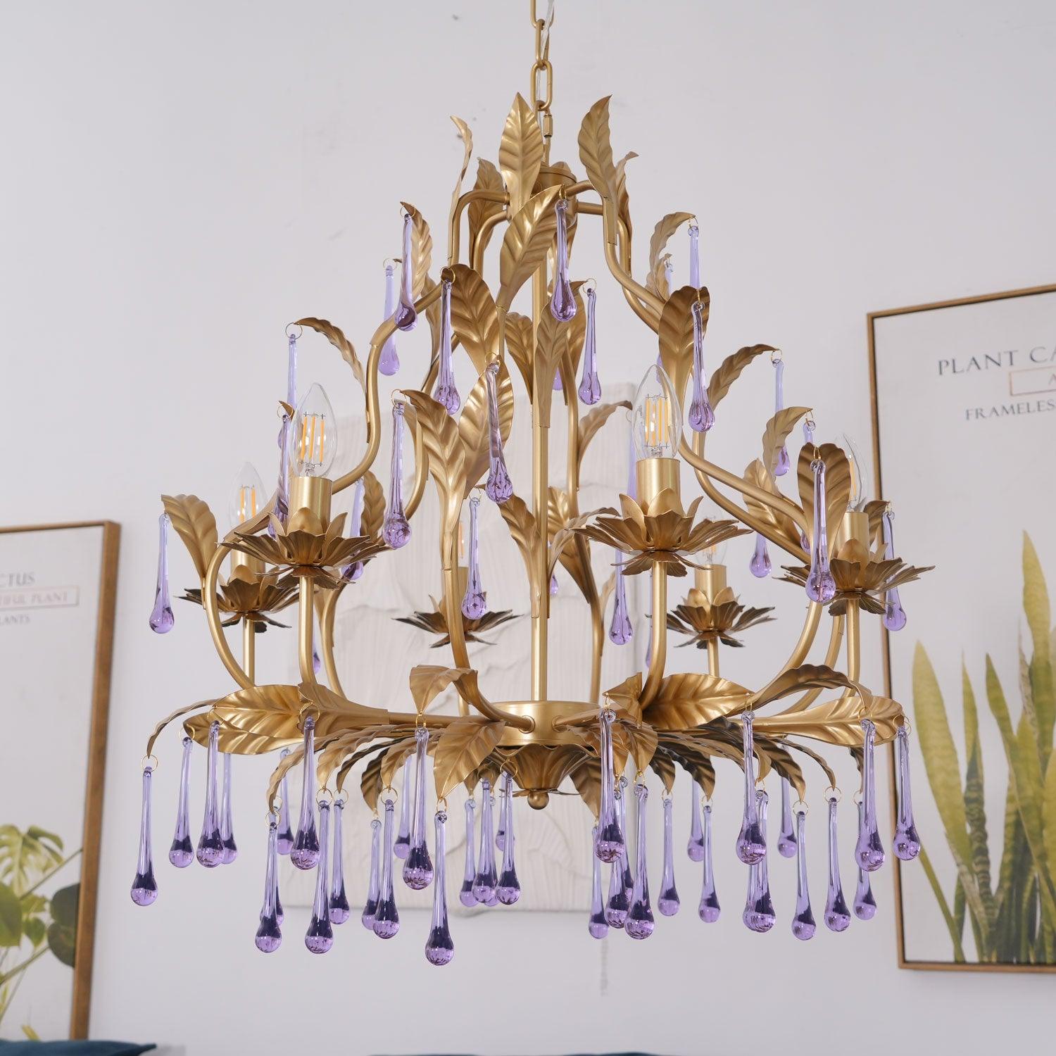 Murano Chandelier Purple Crystal Droplets Gold Leaves - Letslighting