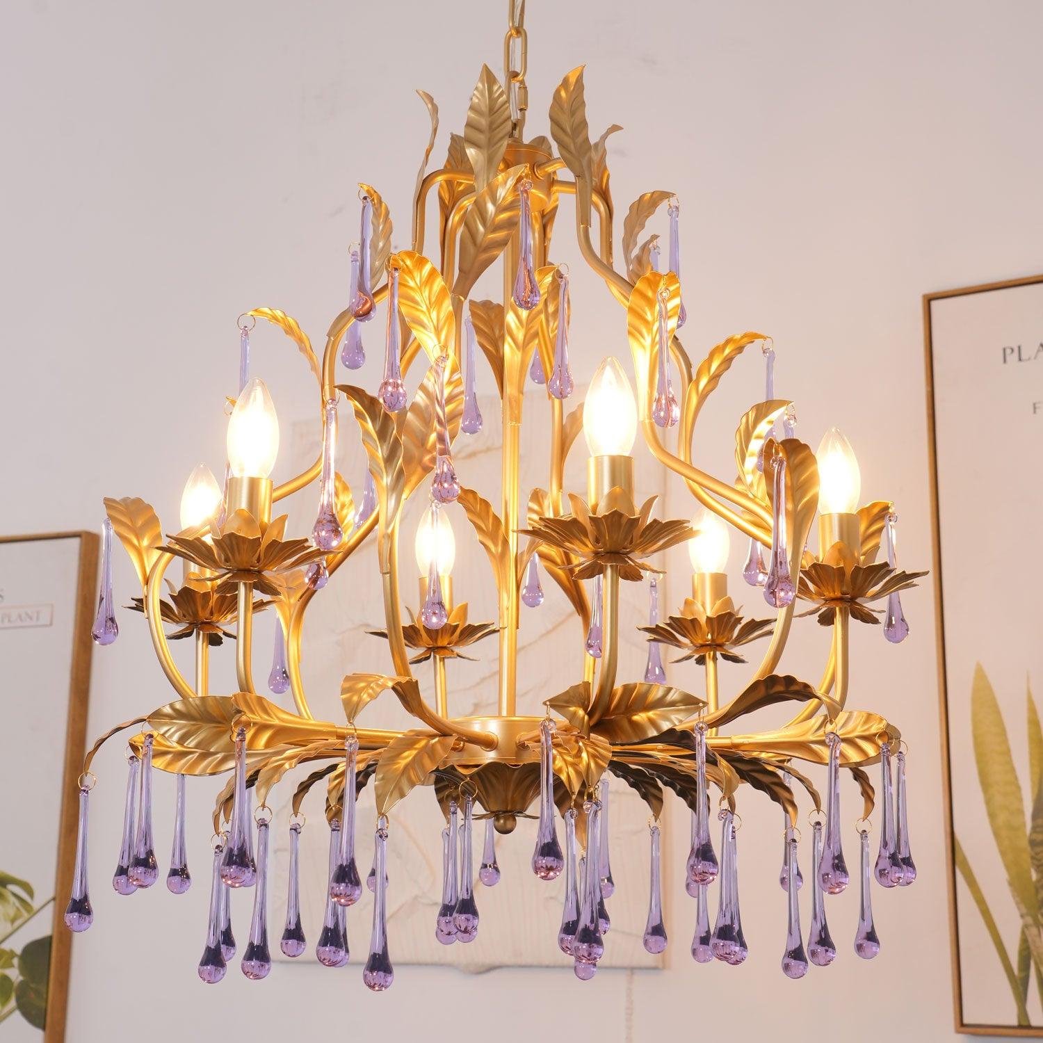 Murano Chandelier Purple Crystal Droplets Gold Leaves - Letslighting