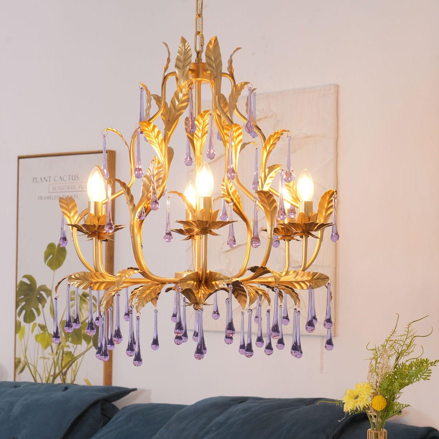 Murano Chandelier Purple Crystal Droplets Gold Leaves - Letslighting